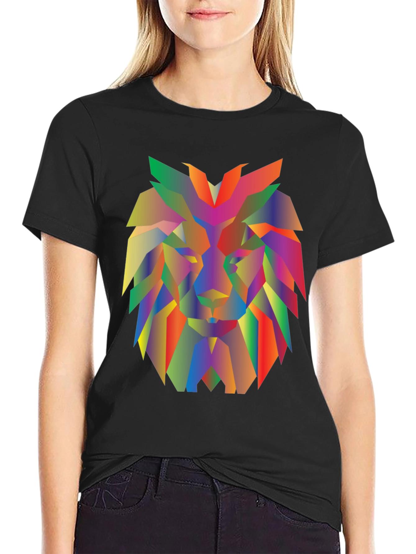 Geometric Lion Graphic Tee - Modern Mens Black T-Shirt