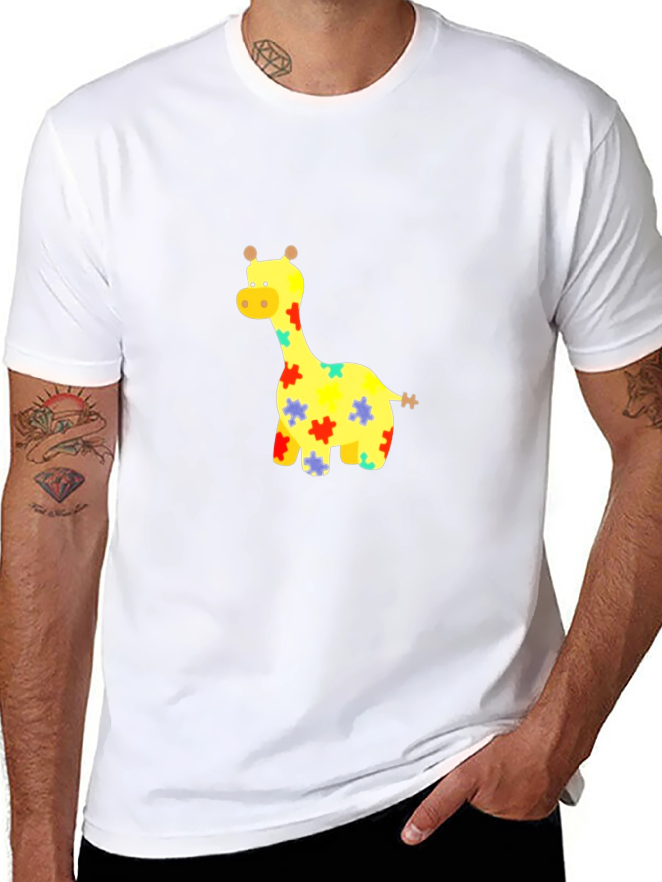 Giraffe Puzzle Piece Graphic Tee - Black Cotton T-Shirt