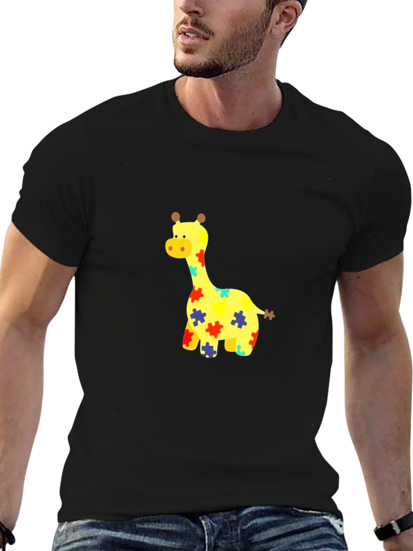 Giraffe Puzzle Piece Graphic Tee - Black Cotton T-Shirt