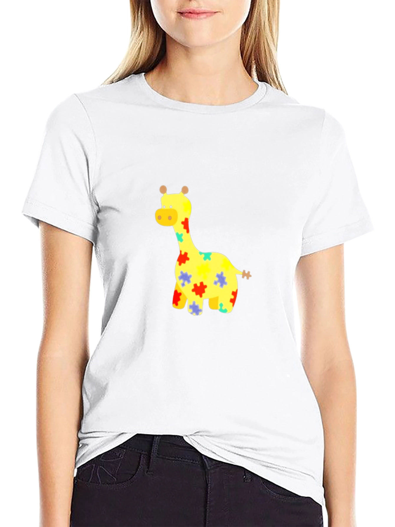 Giraffe Puzzle Piece Graphic Tee - Black Cotton T-Shirt