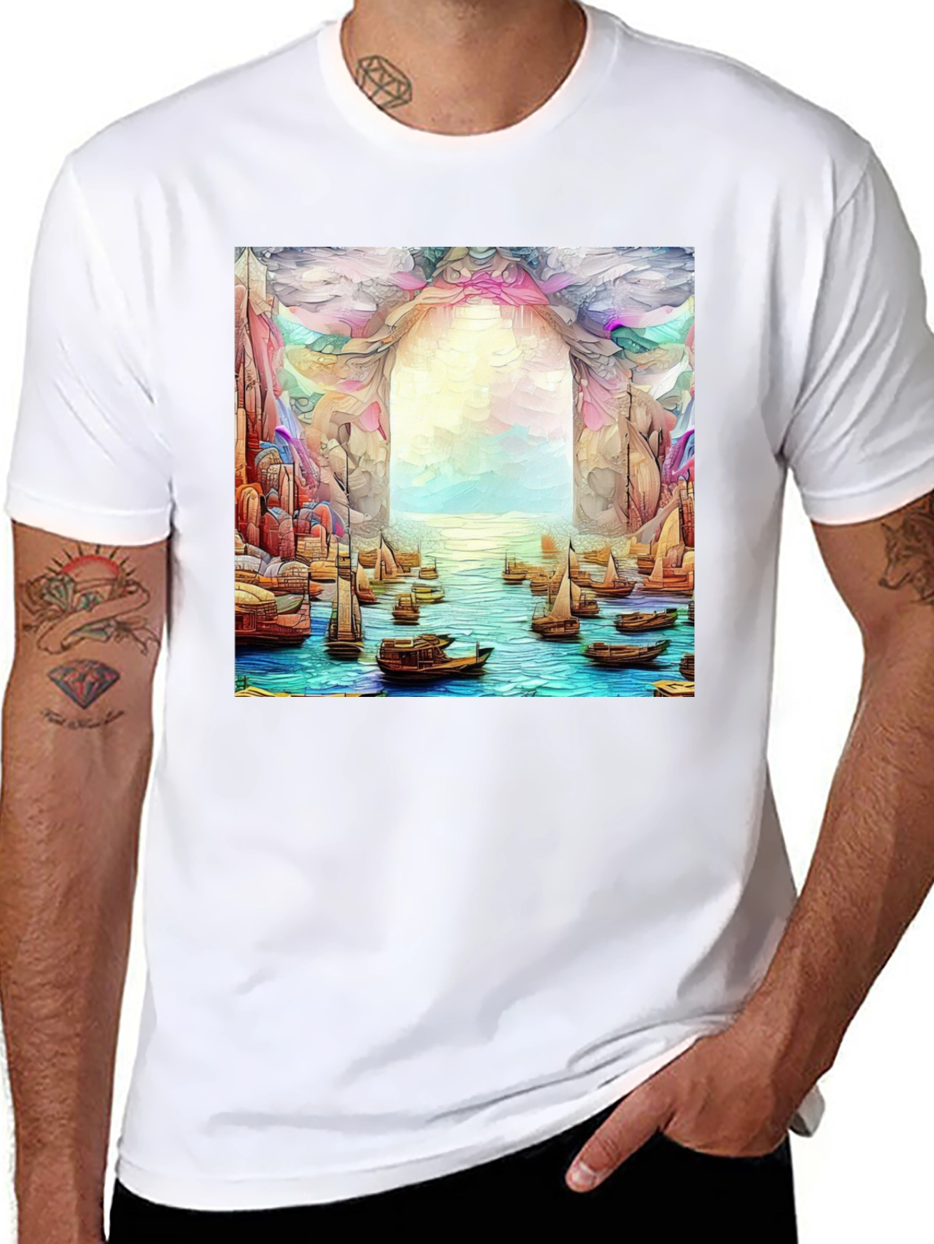 Artistic Black T-Shirt: Boats at the Ocean Portal