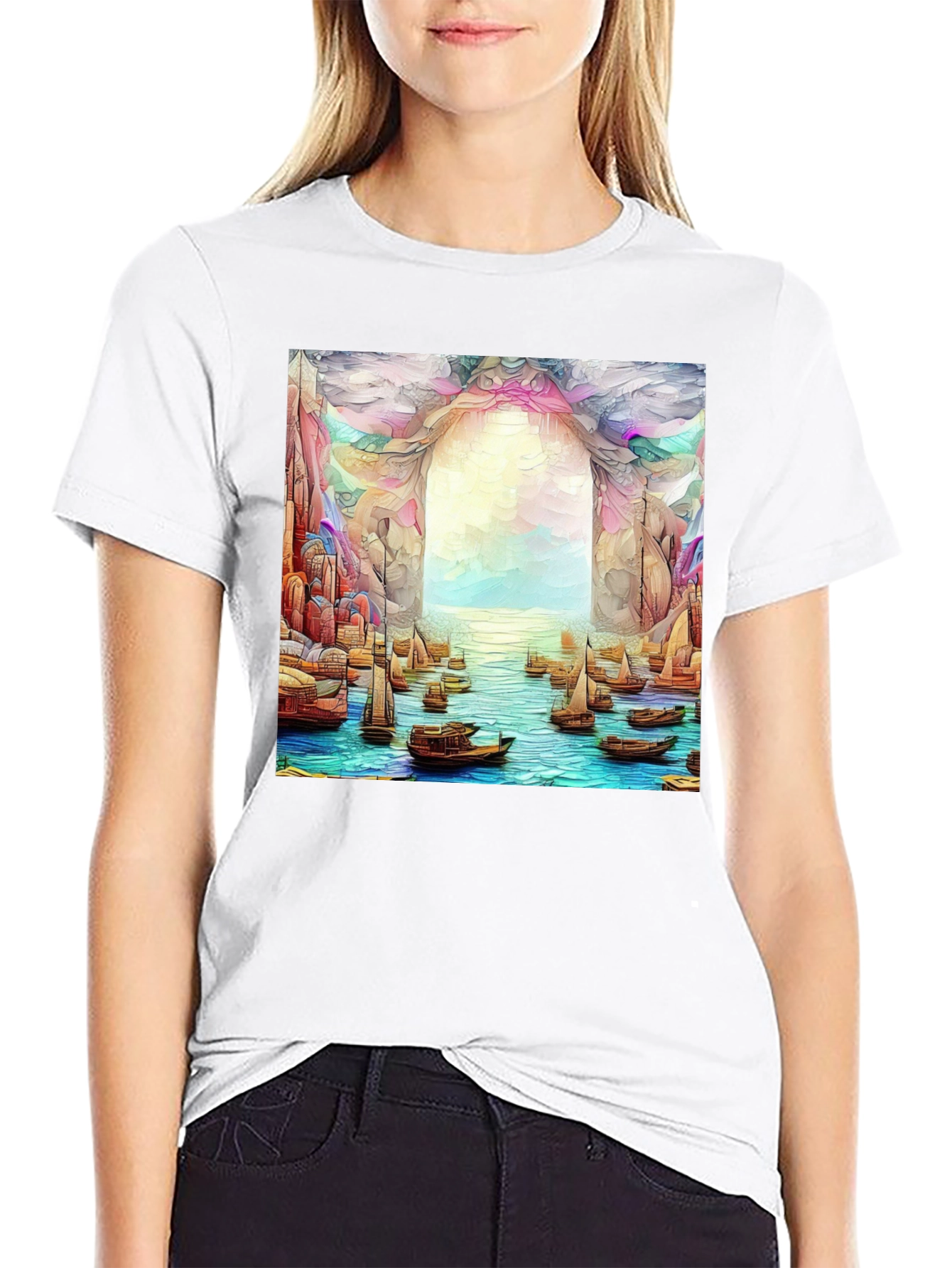 Artistic Black T-Shirt: Boats at the Ocean Portal