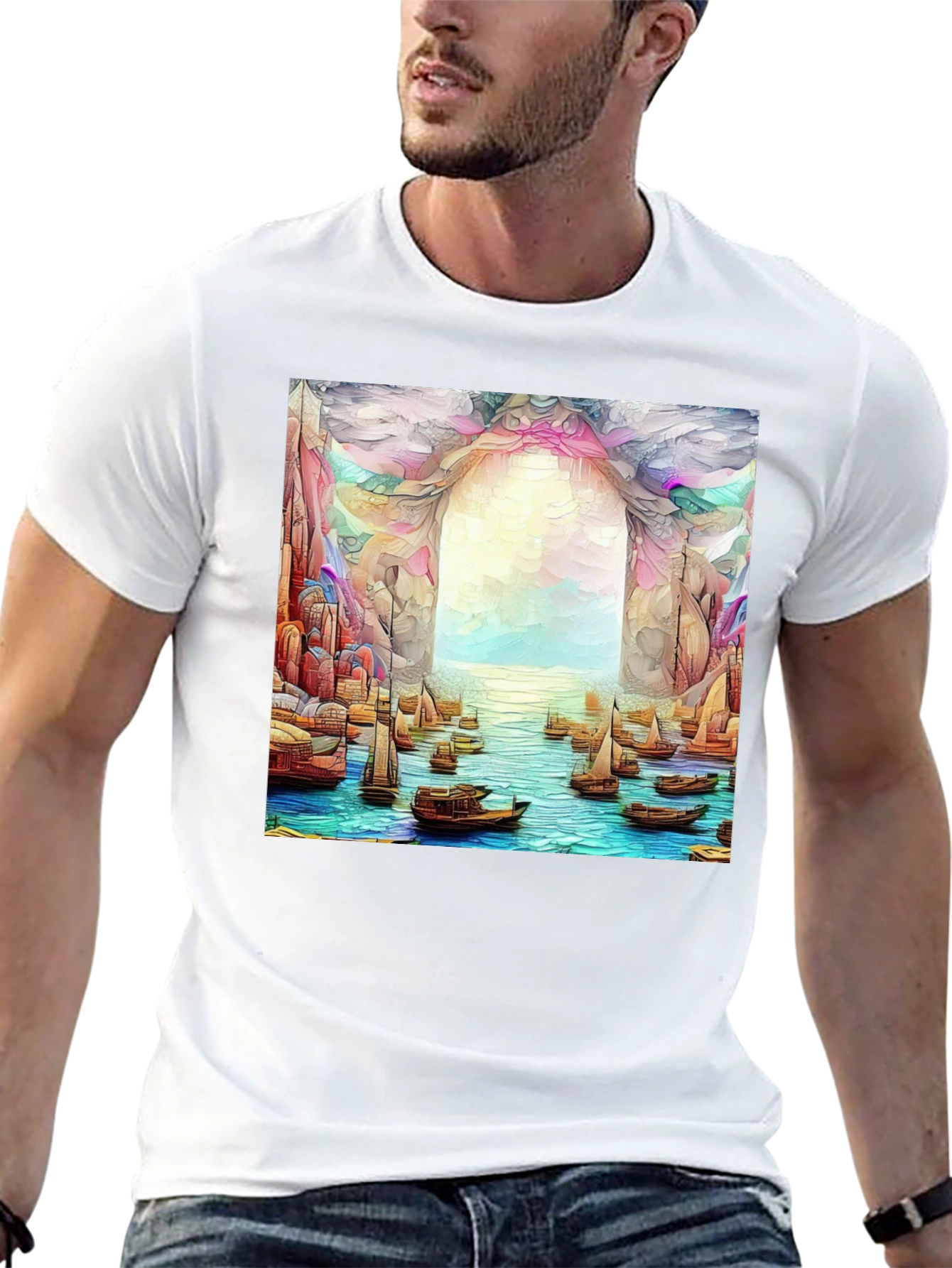 Artistic Black T-Shirt: Boats at the Ocean Portal