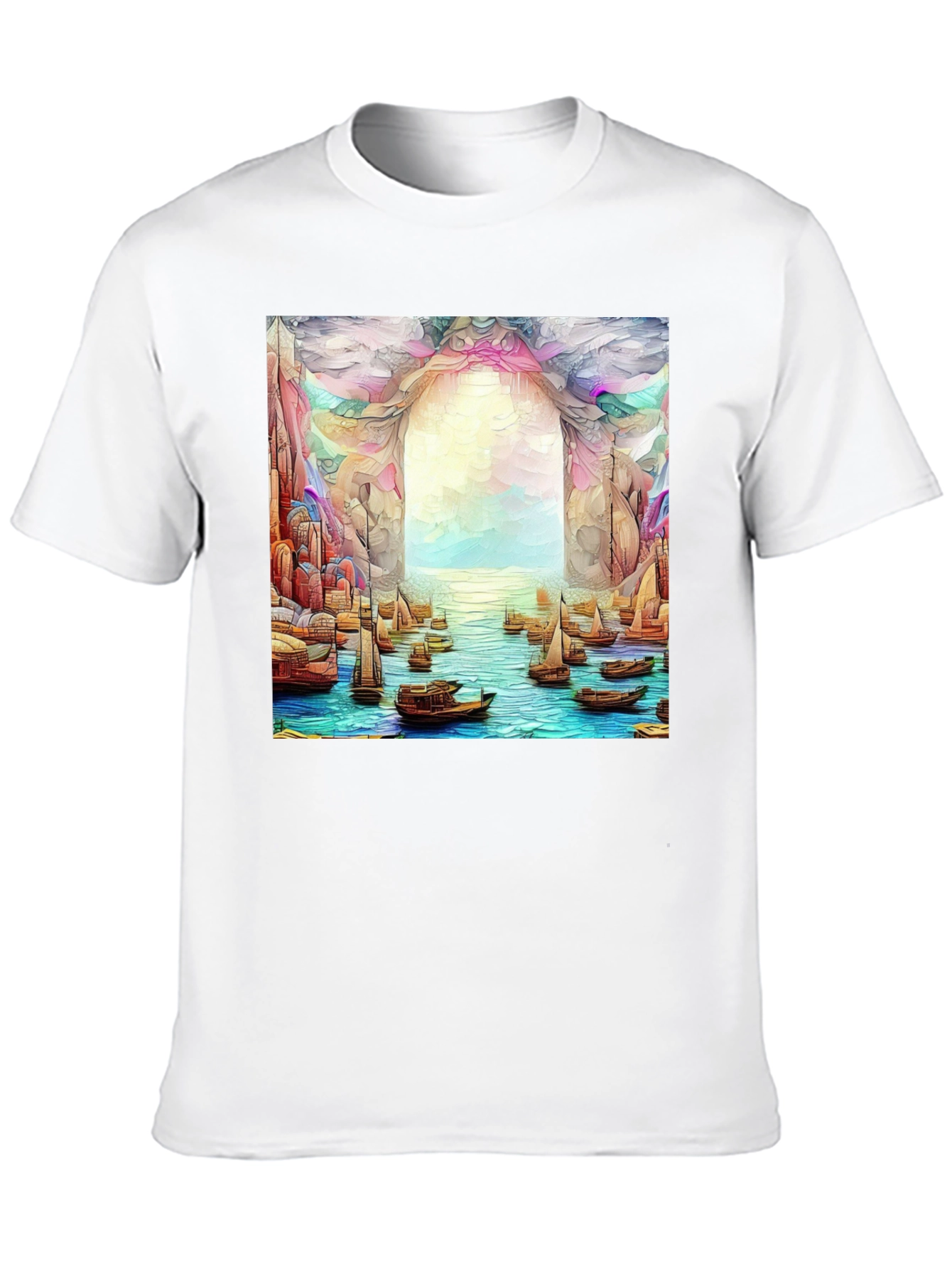 Artistic Black T-Shirt: Boats at the Ocean Portal