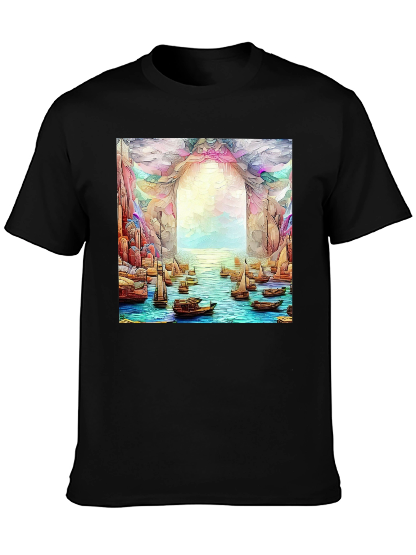 Artistic Black T-Shirt: Boats at the Ocean Portal