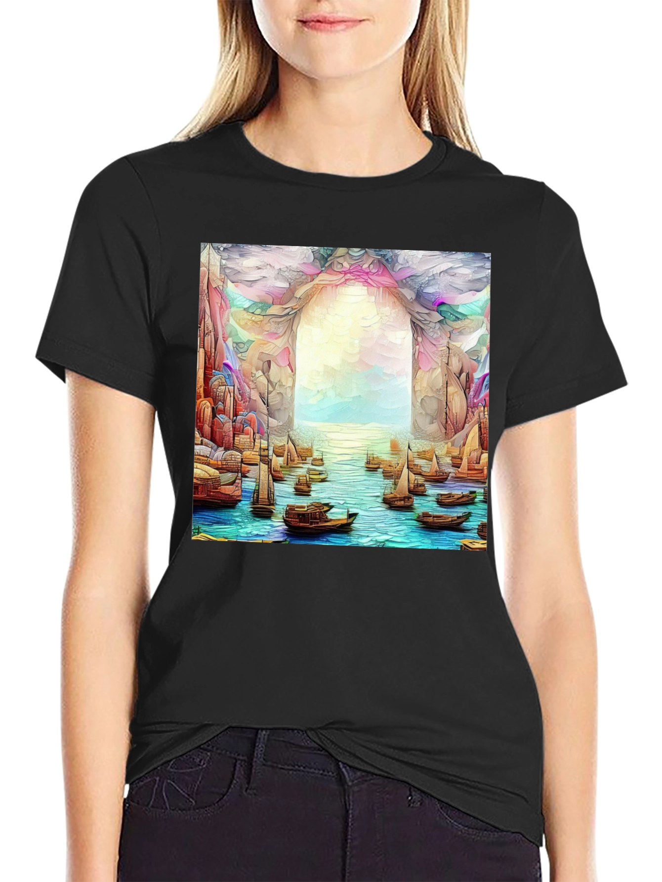 Artistic Black T-Shirt: Boats at the Ocean Portal
