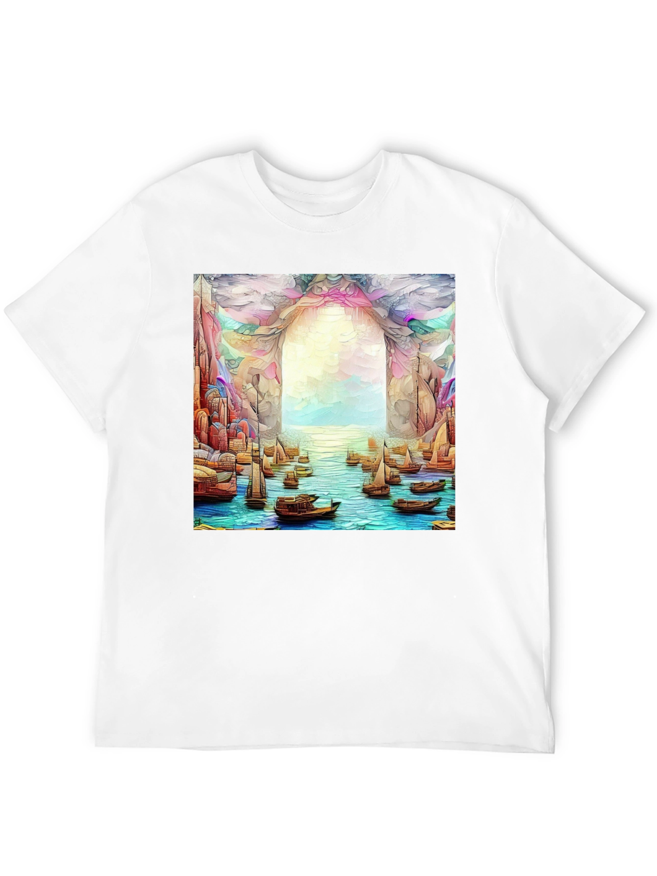 Artistic Black T-Shirt: Boats at the Ocean Portal