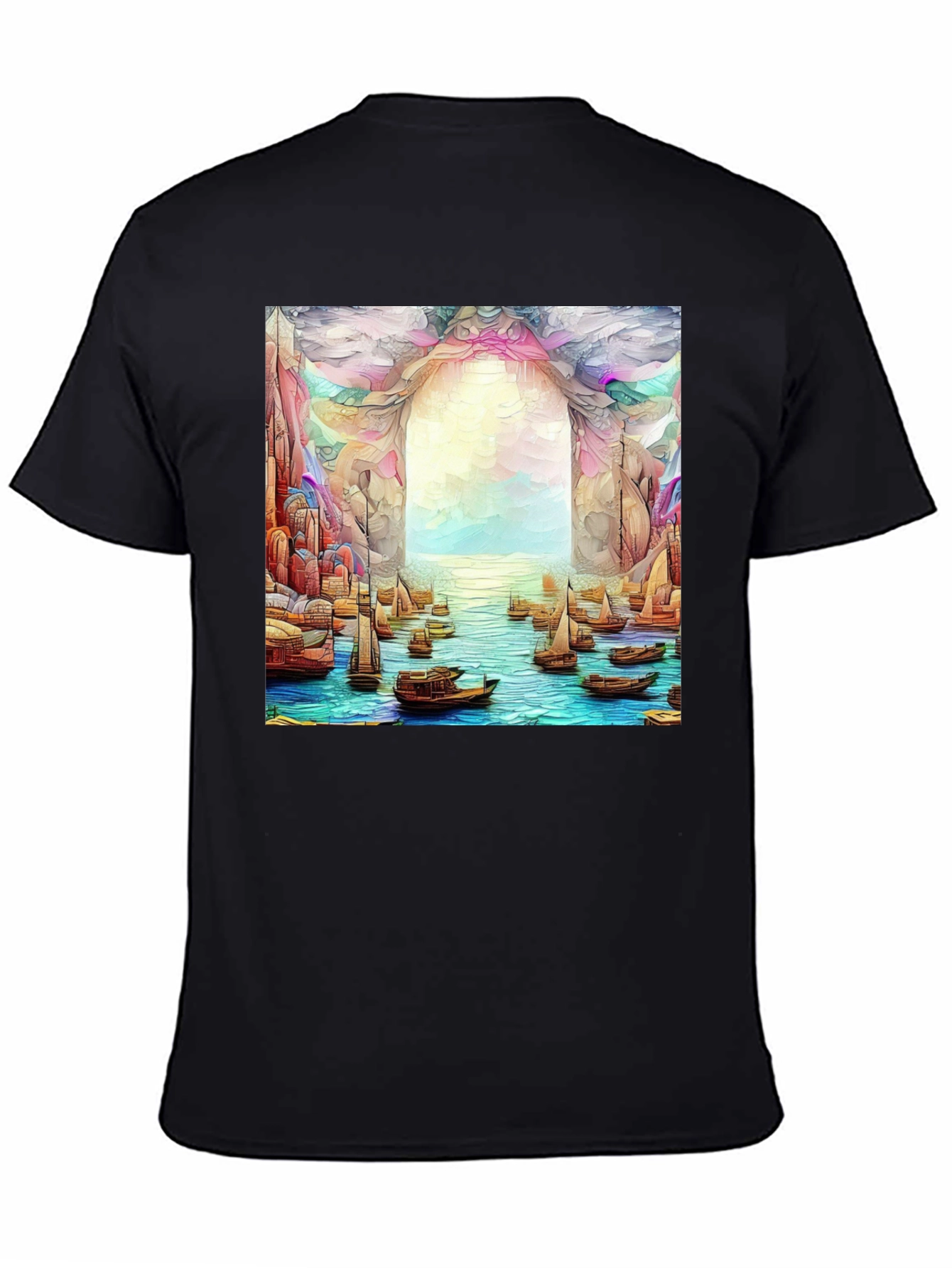 Artistic Black T-Shirt: Boats at the Ocean Portal