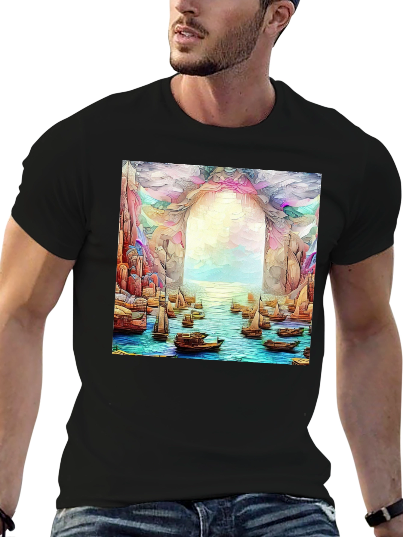 Artistic Black T-Shirt: Boats at the Ocean Portal