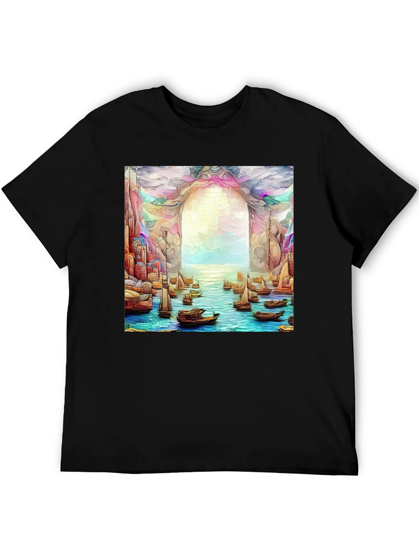 Artistic Black T-Shirt: Boats at the Ocean Portal