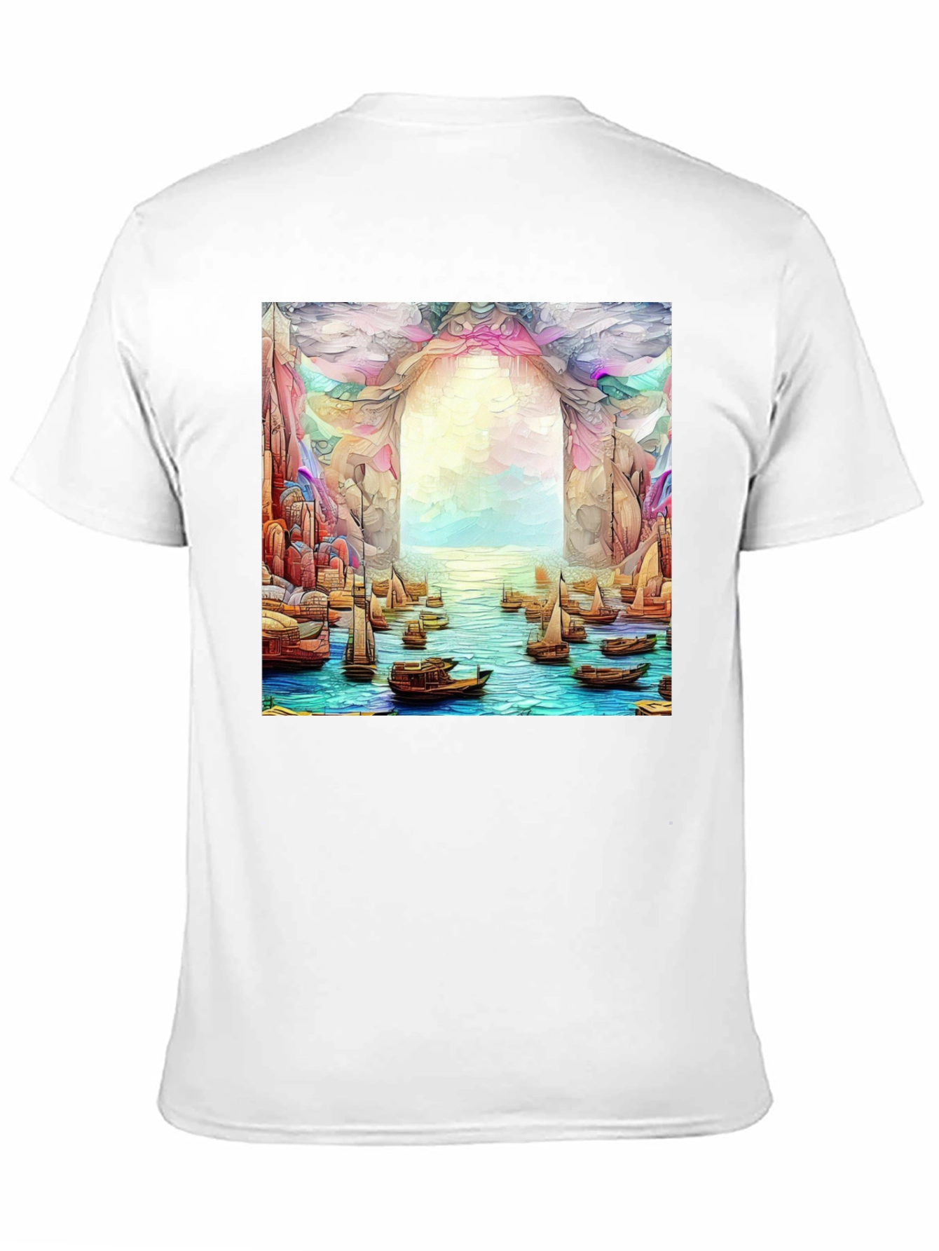 Artistic Black T-Shirt: Boats at the Ocean Portal