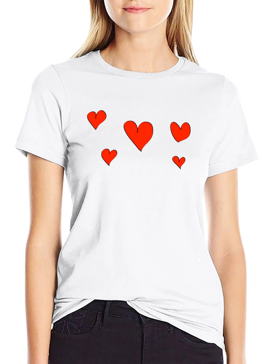 Heart Print Black Cotton Casual Tee