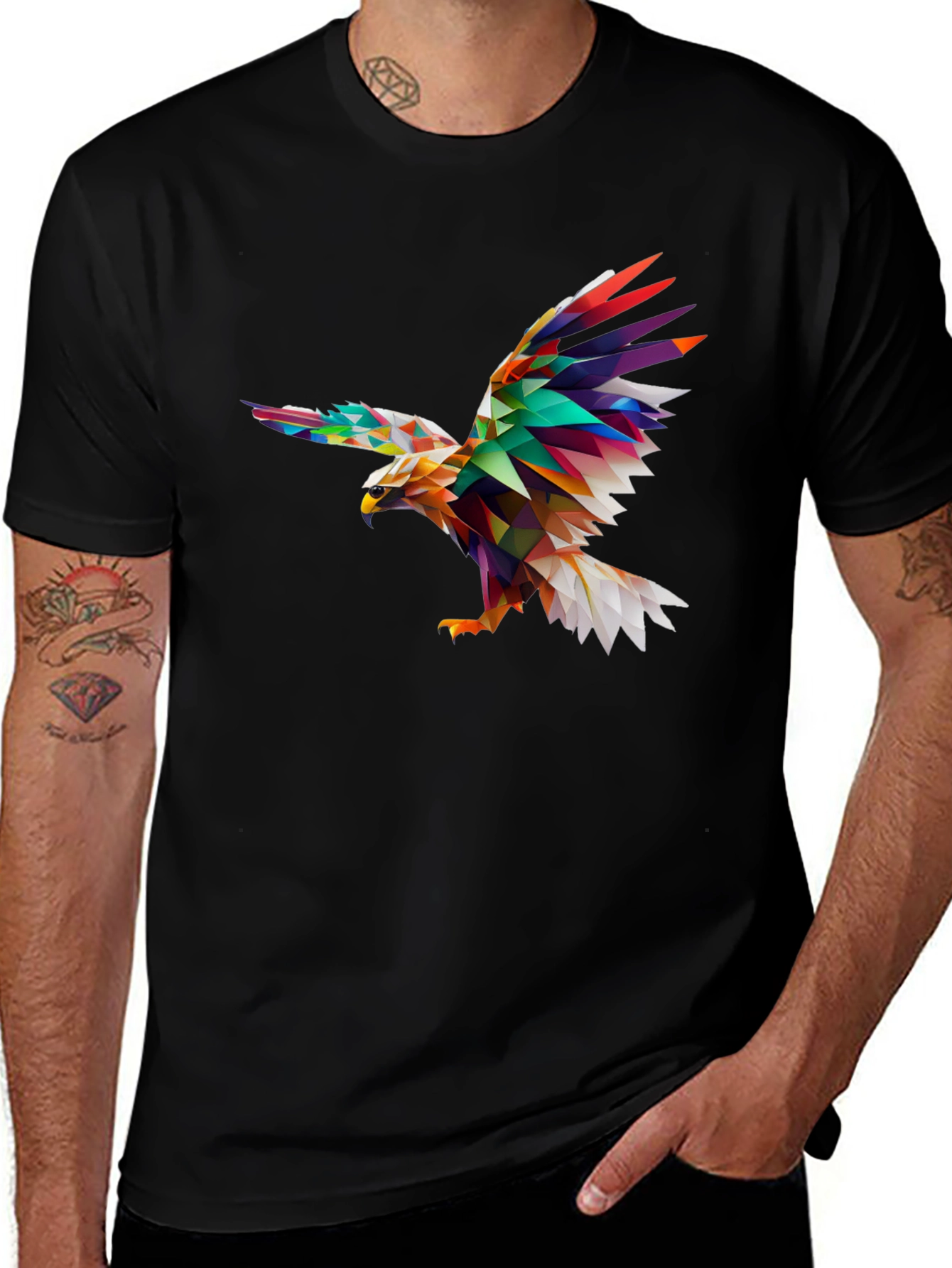 Geometric Eagle Print Black T-Shirt