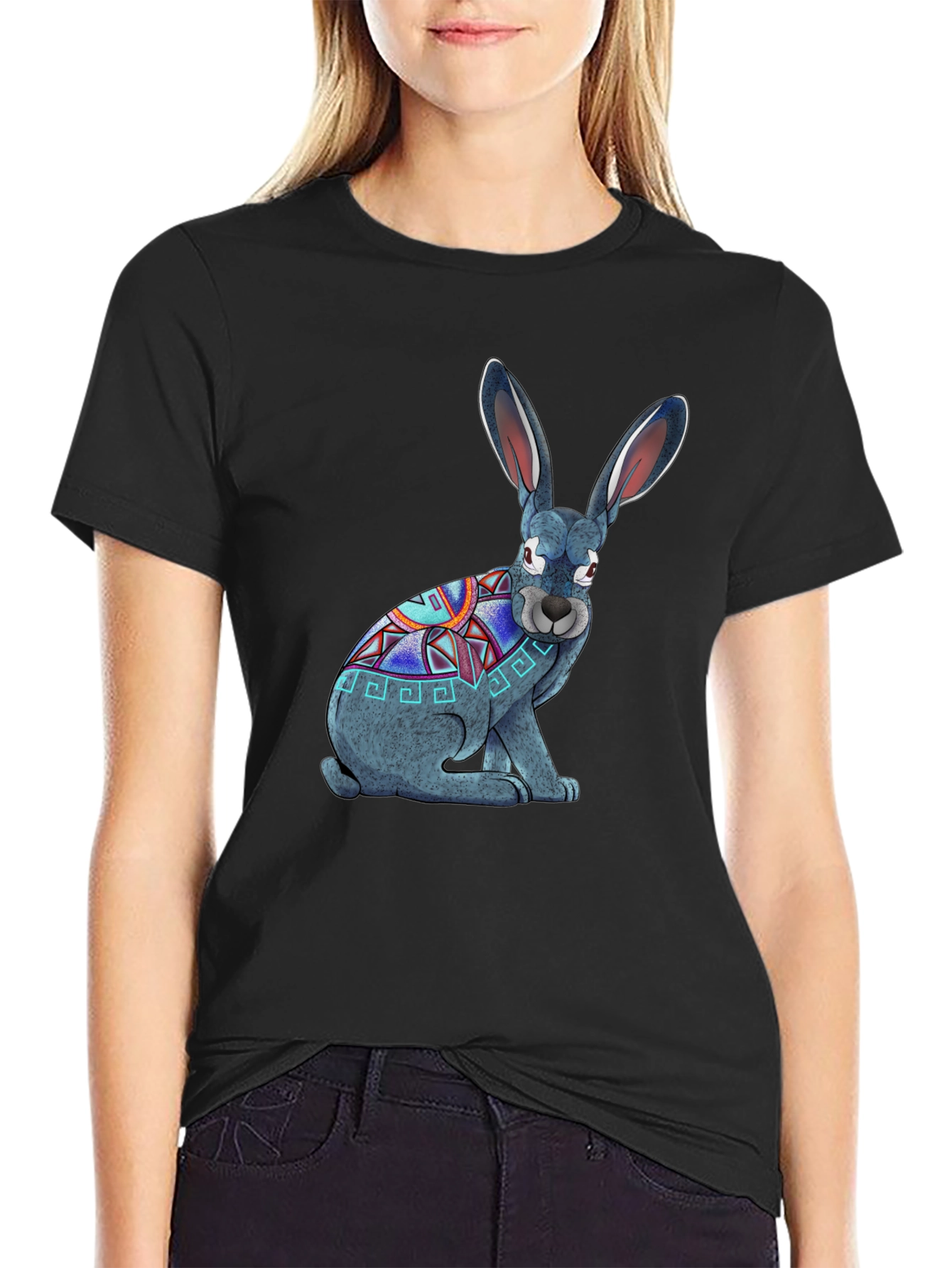 Aztec Rabbit Graphic T-Shirt - Black Cotton Tee