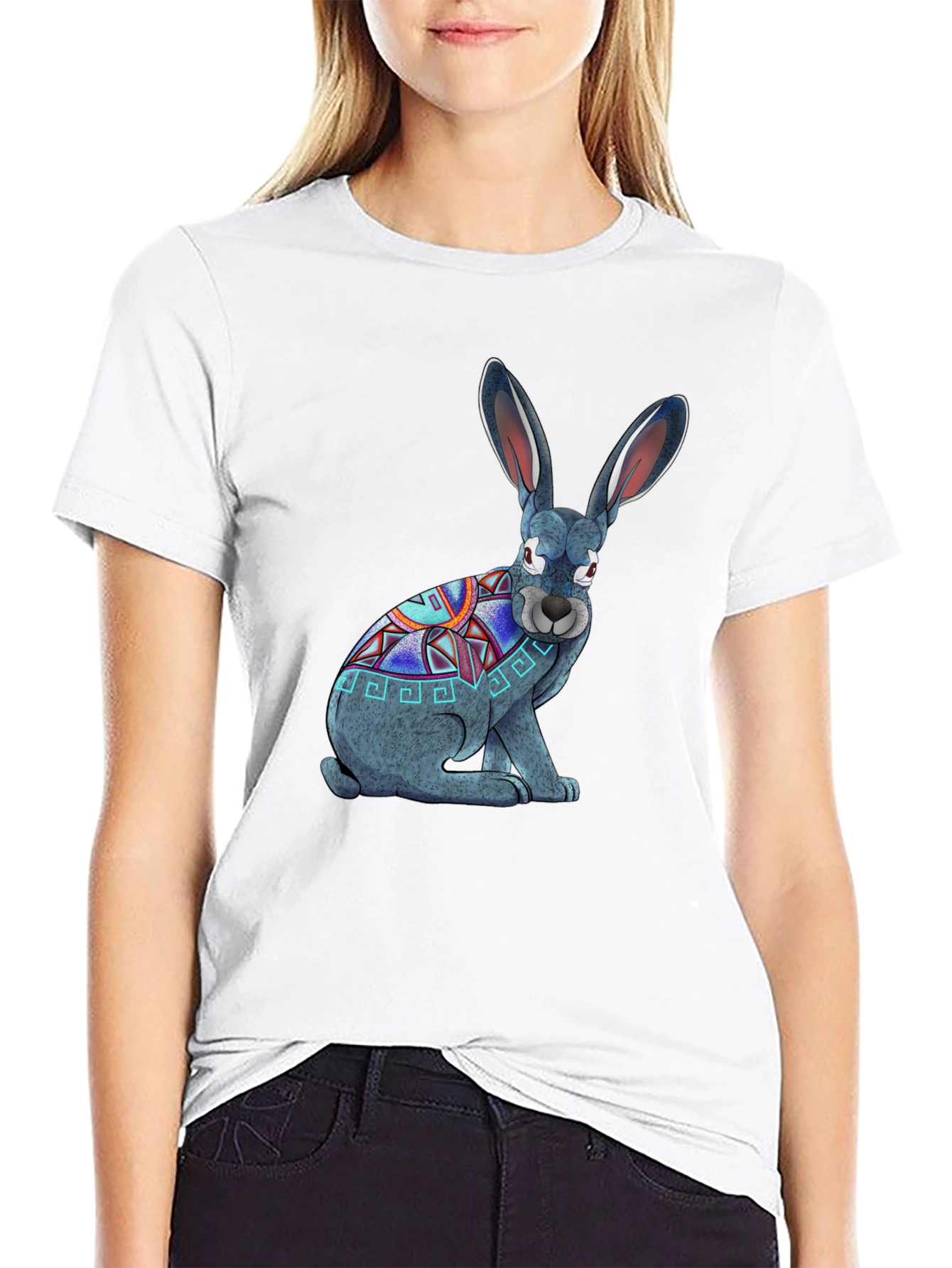 Aztec Rabbit Graphic T-Shirt - Black Cotton Tee
