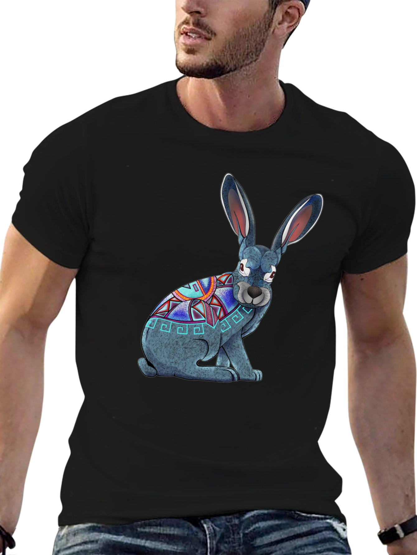 Aztec Rabbit Graphic T-Shirt - Black Cotton Tee