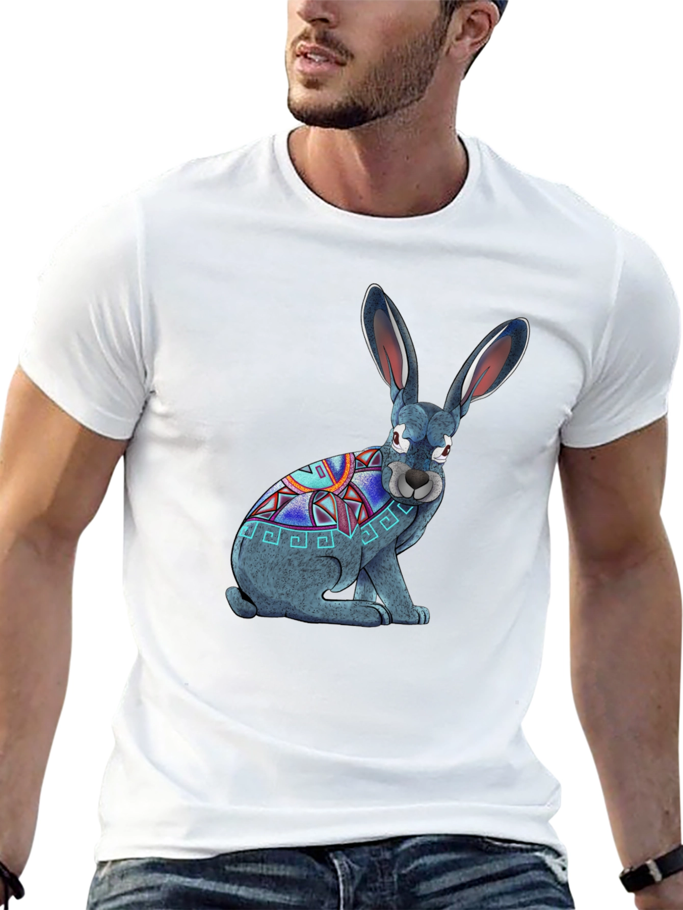 Aztec Rabbit Graphic T-Shirt - Black Cotton Tee