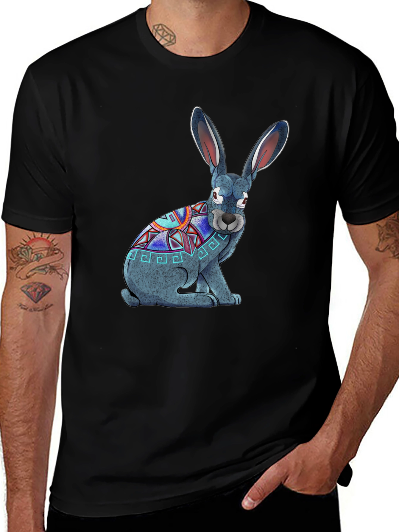 Aztec Rabbit Graphic T-Shirt - Black Cotton Tee