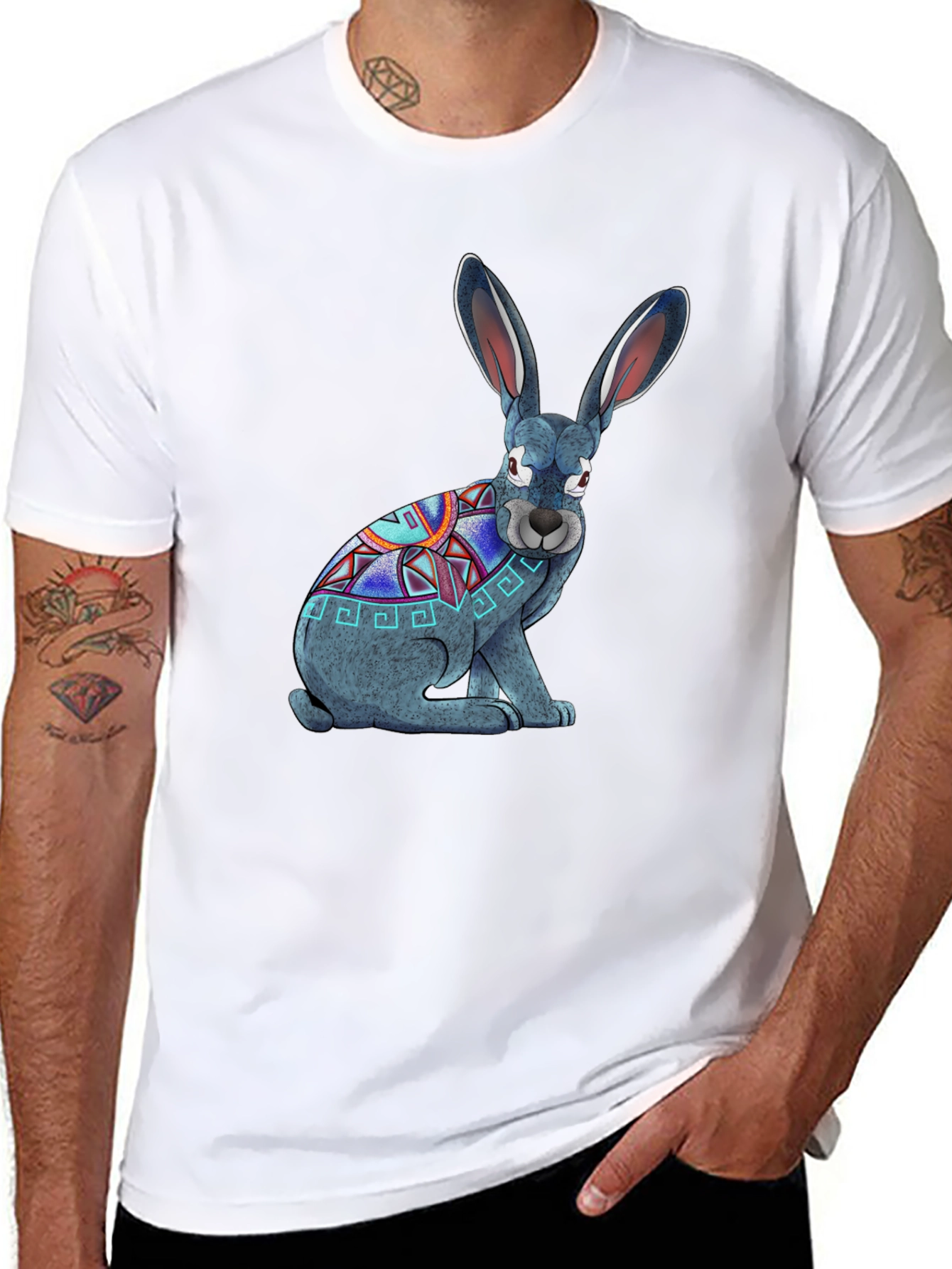 Aztec Rabbit Graphic T-Shirt - Black Cotton Tee