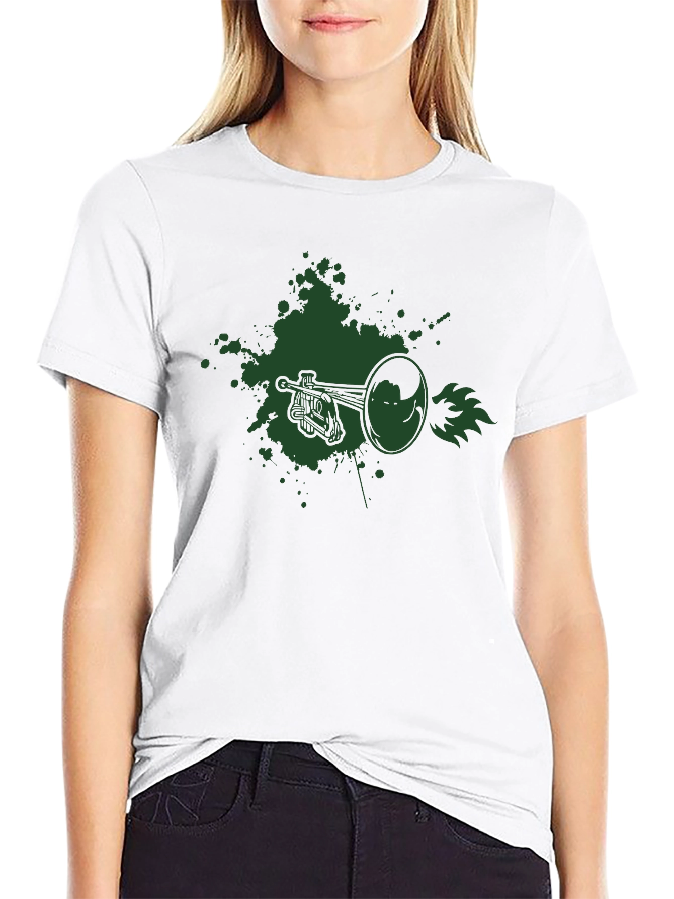 Graphic Tee - Trumpet Design Black Cotton T-Shirt