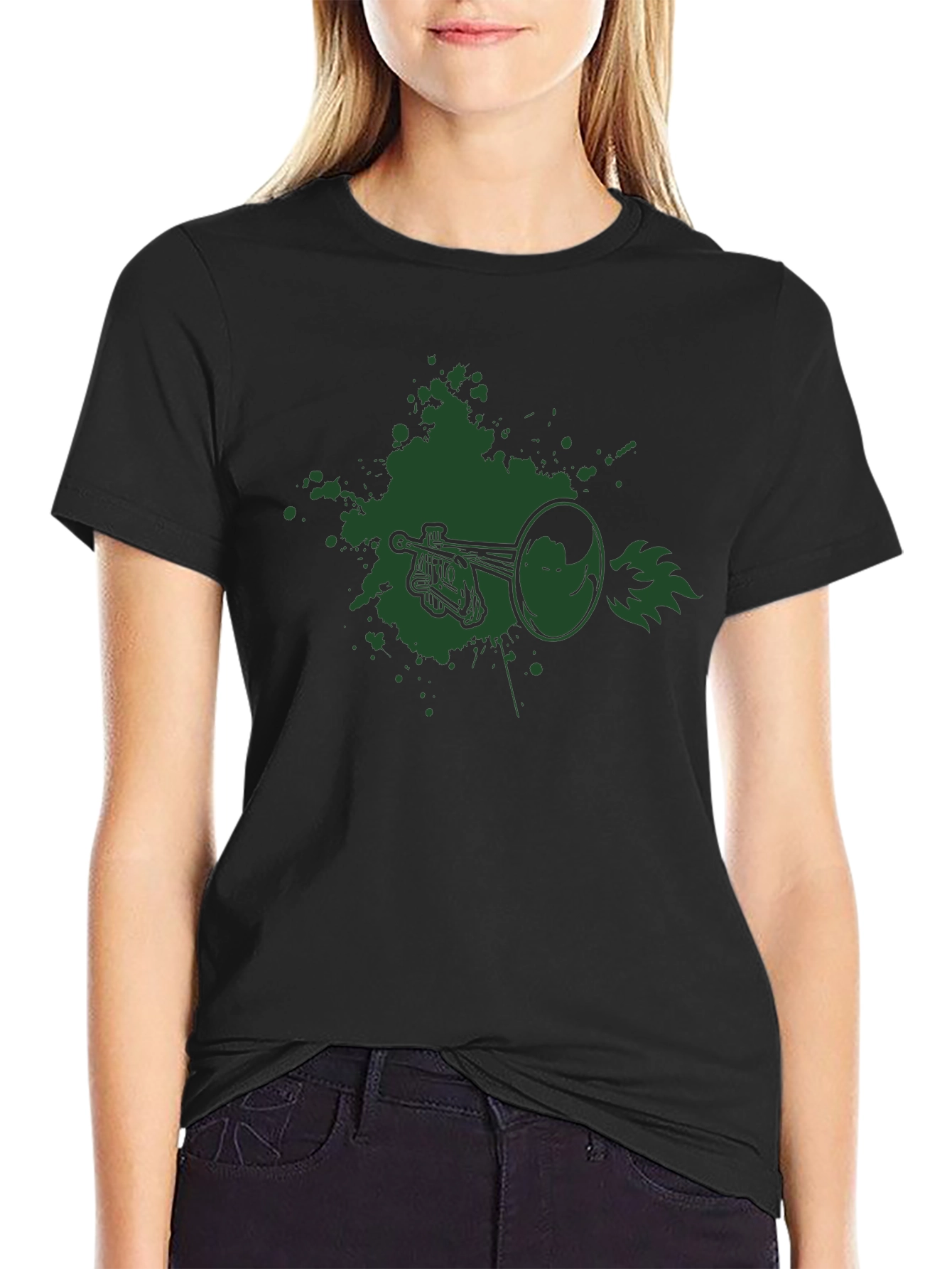 Graphic Tee - Trumpet Design Black Cotton T-Shirt