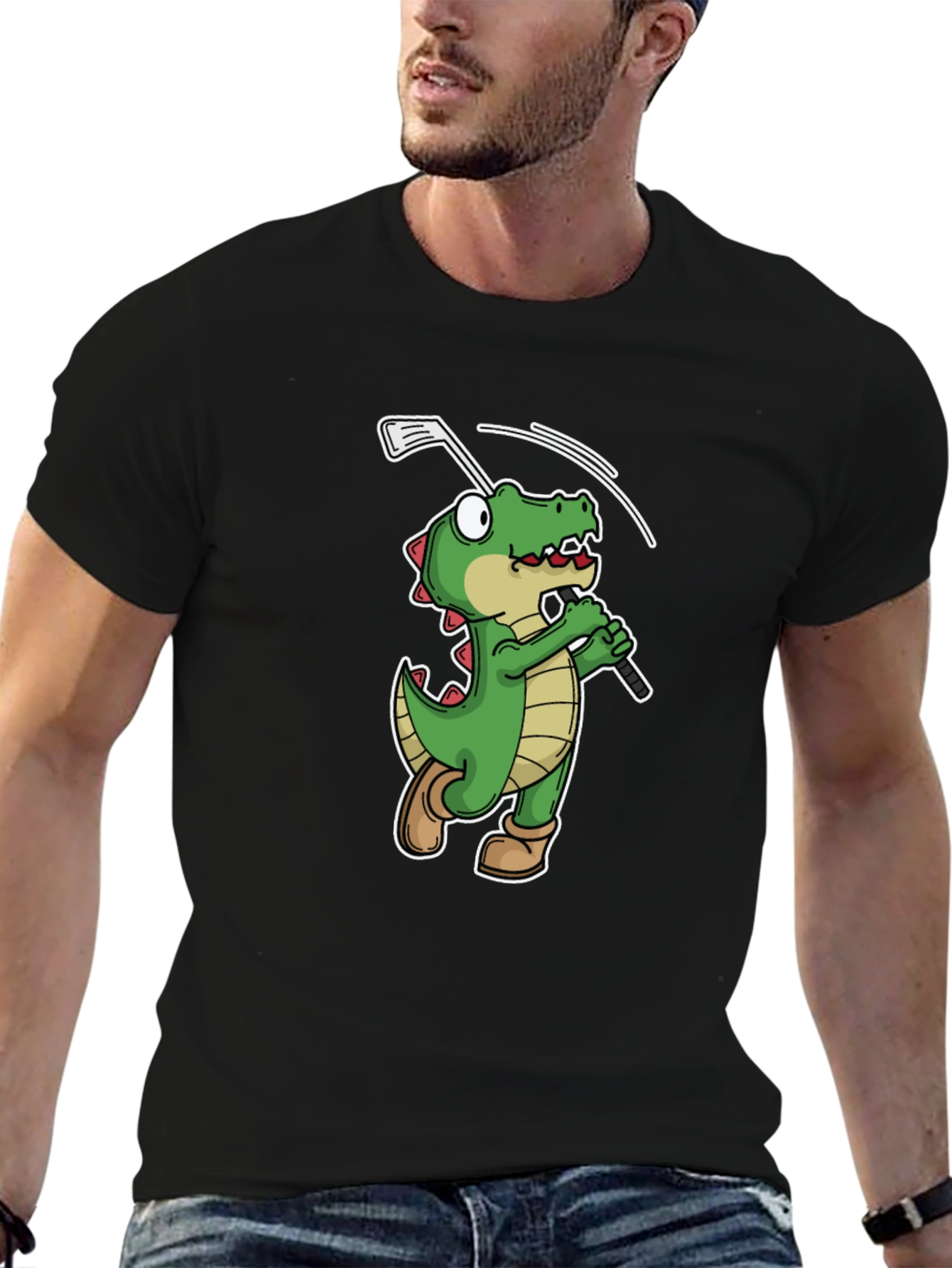 Golfing Alligator T-Shirt - Black Crew Neck Tee