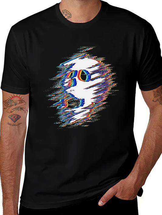 Glitch Skull Graphic Tee - Black Cotton T-Shirt