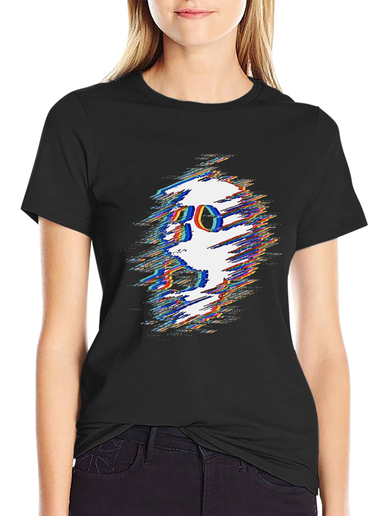 Glitch Skull Graphic Tee - Black Cotton T-Shirt