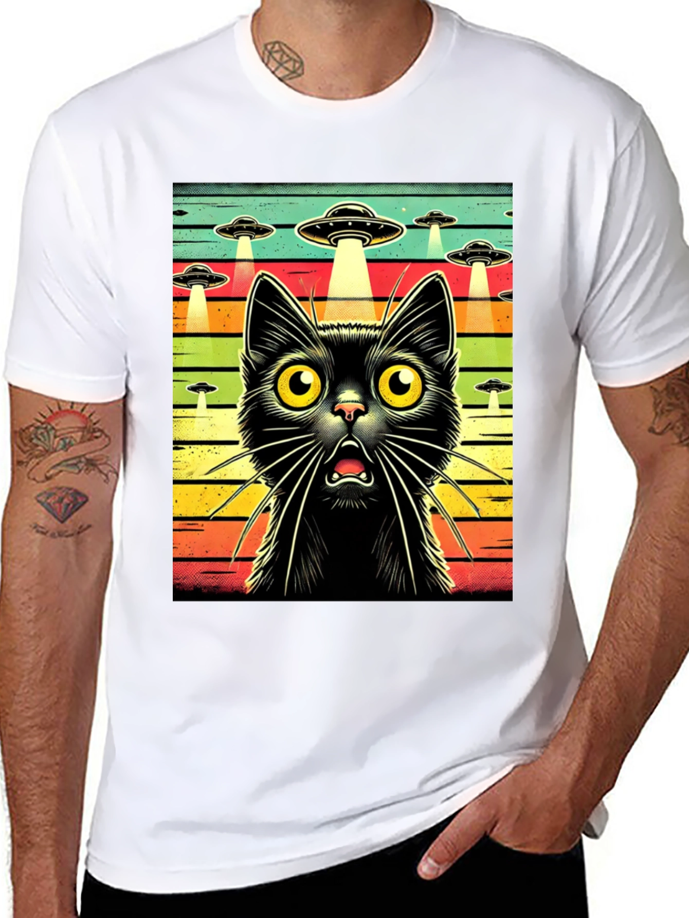 Alien Abduction Cat Graphic T-Shirt