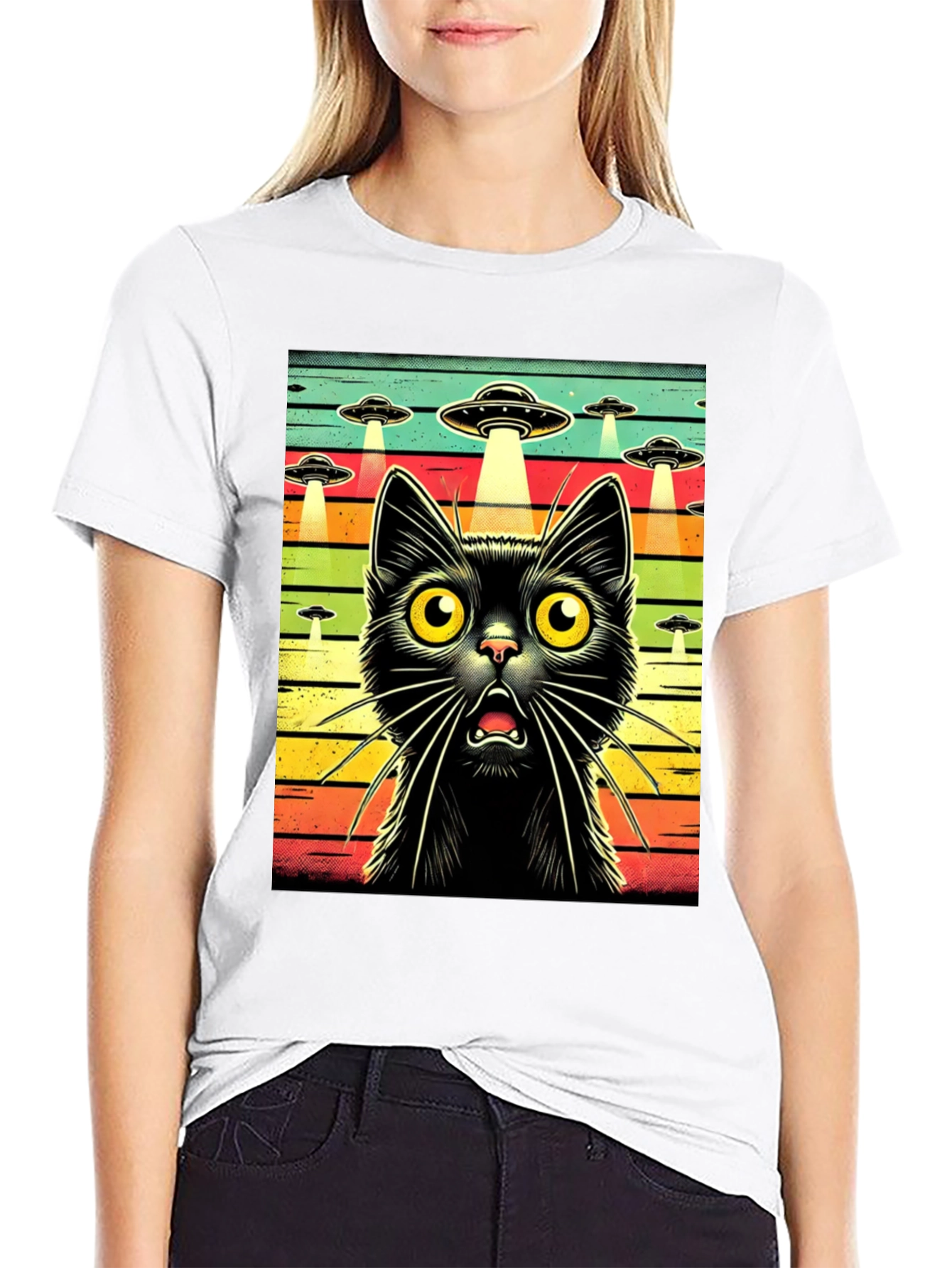 Alien Abduction Cat Graphic T-Shirt