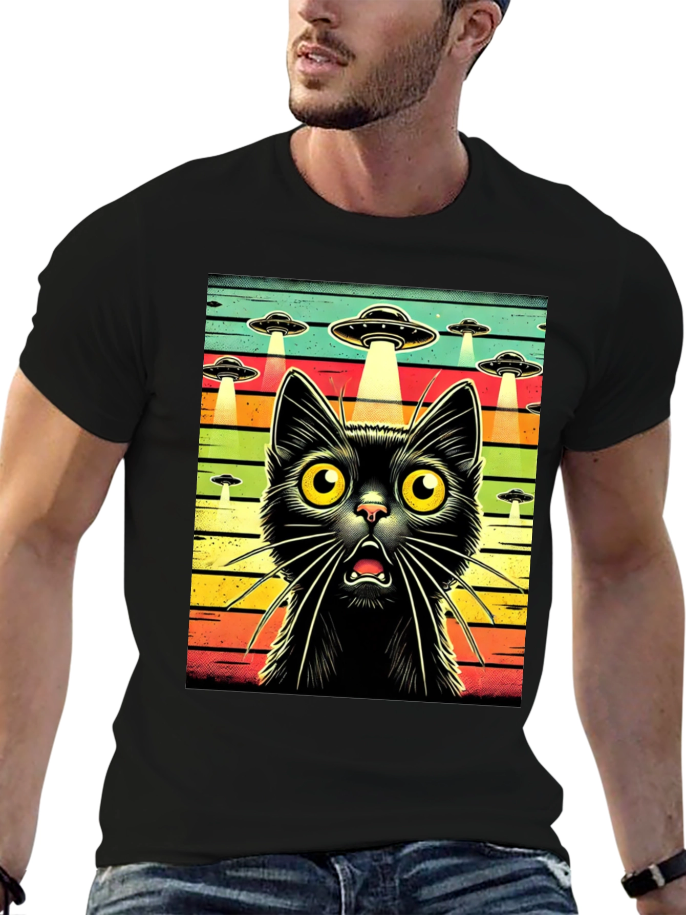 Alien Abduction Cat Graphic T-Shirt