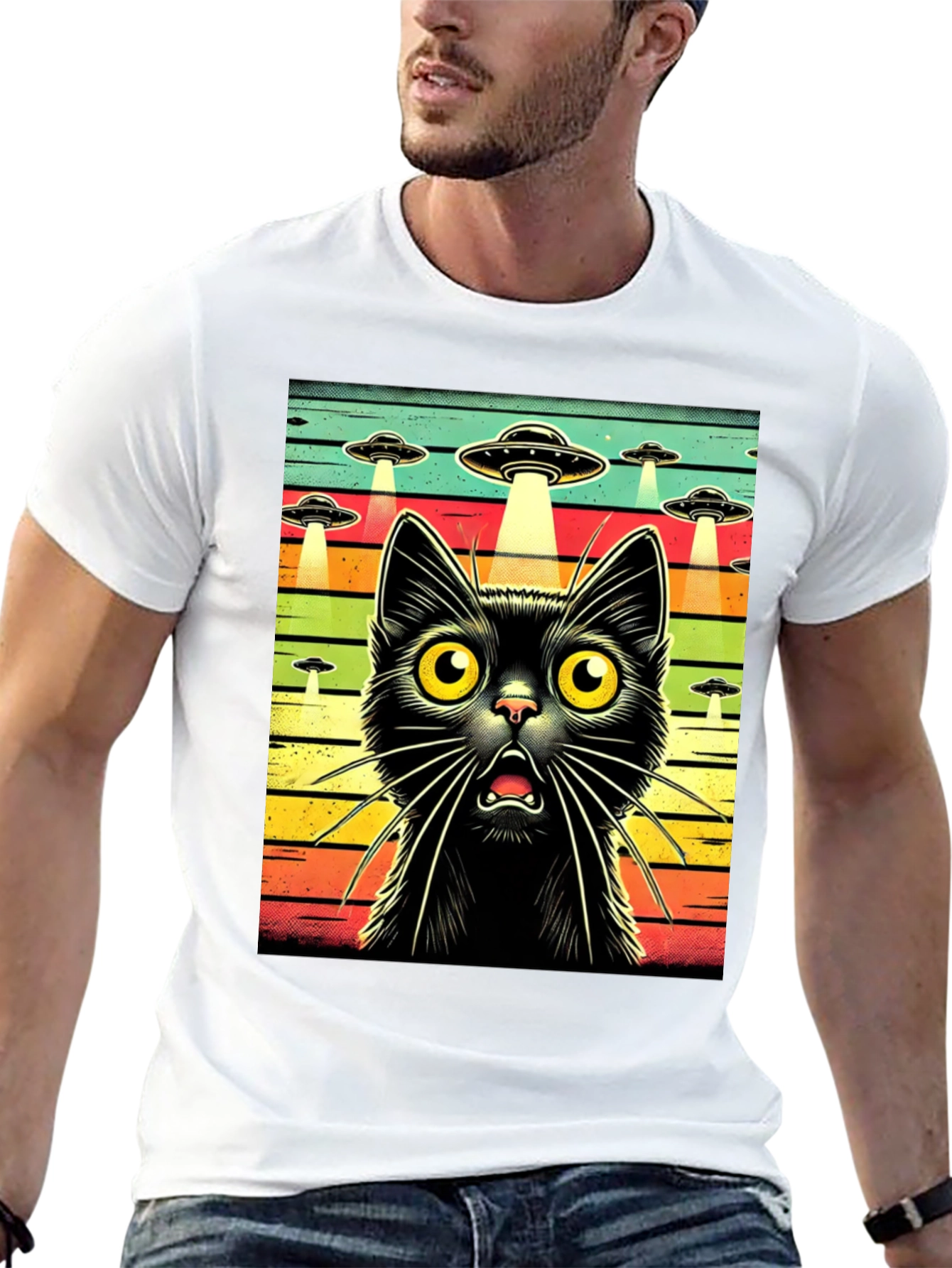 Alien Abduction Cat Graphic T-Shirt