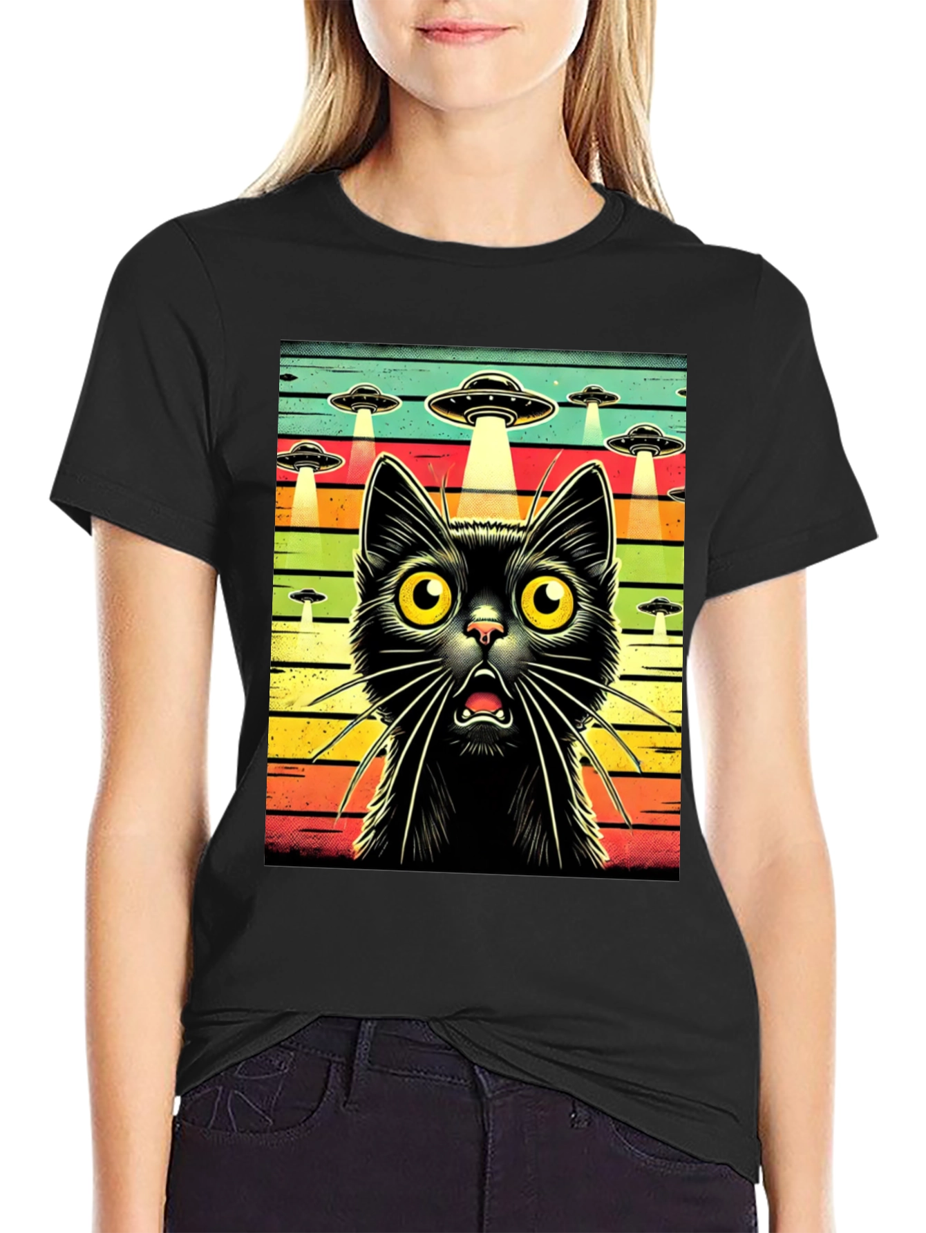 Alien Abduction Cat Graphic T-Shirt