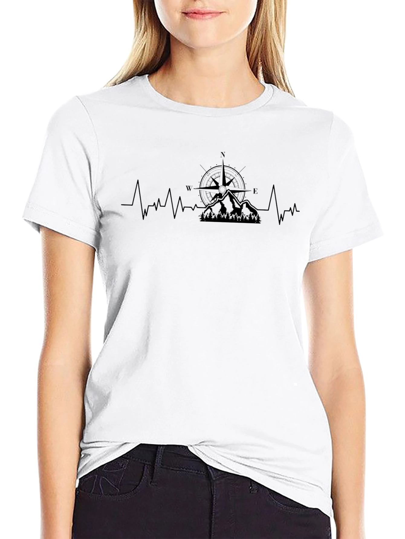 Adventure Compass & Mountain Heartbeat Black T-Shirt