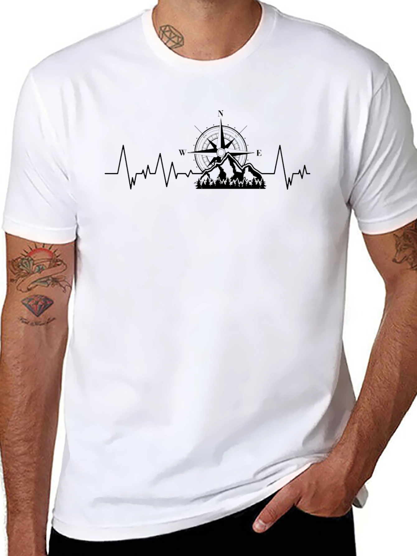Adventure Compass & Mountain Heartbeat Black T-Shirt