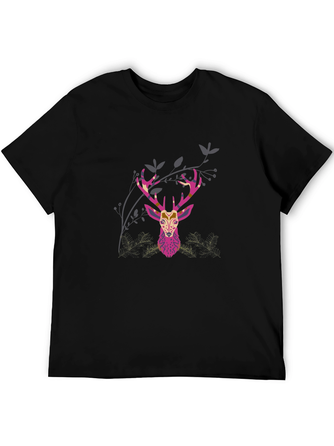 Geometric Deer Head Graphic Print Black T-Shirt