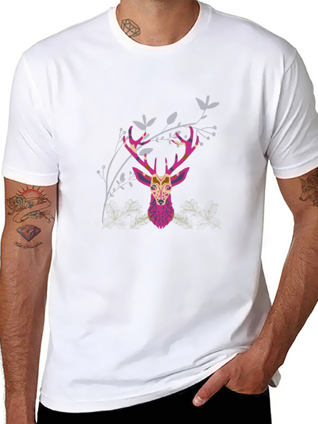Geometric Deer Head Graphic Print Black T-Shirt