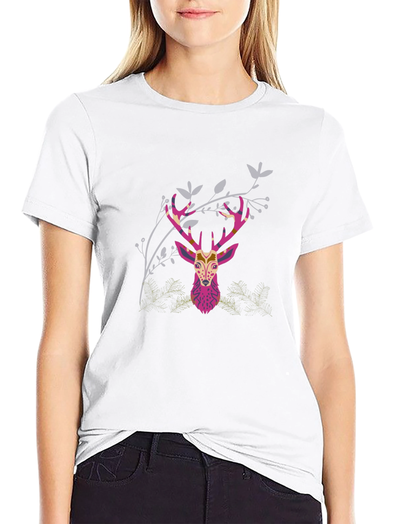 Geometric Deer Head Graphic Print Black T-Shirt