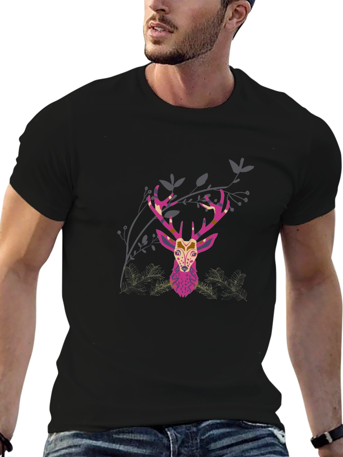 Geometric Deer Head Graphic Print Black T-Shirt
