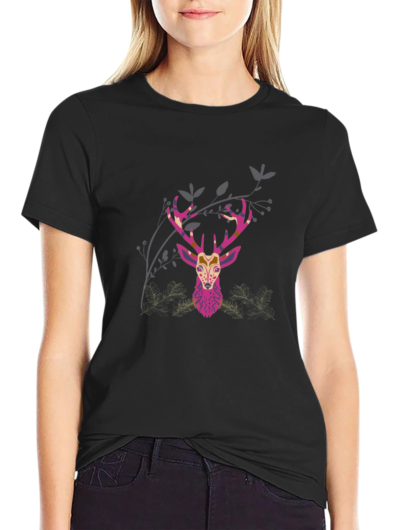 Geometric Deer Head Graphic Print Black T-Shirt