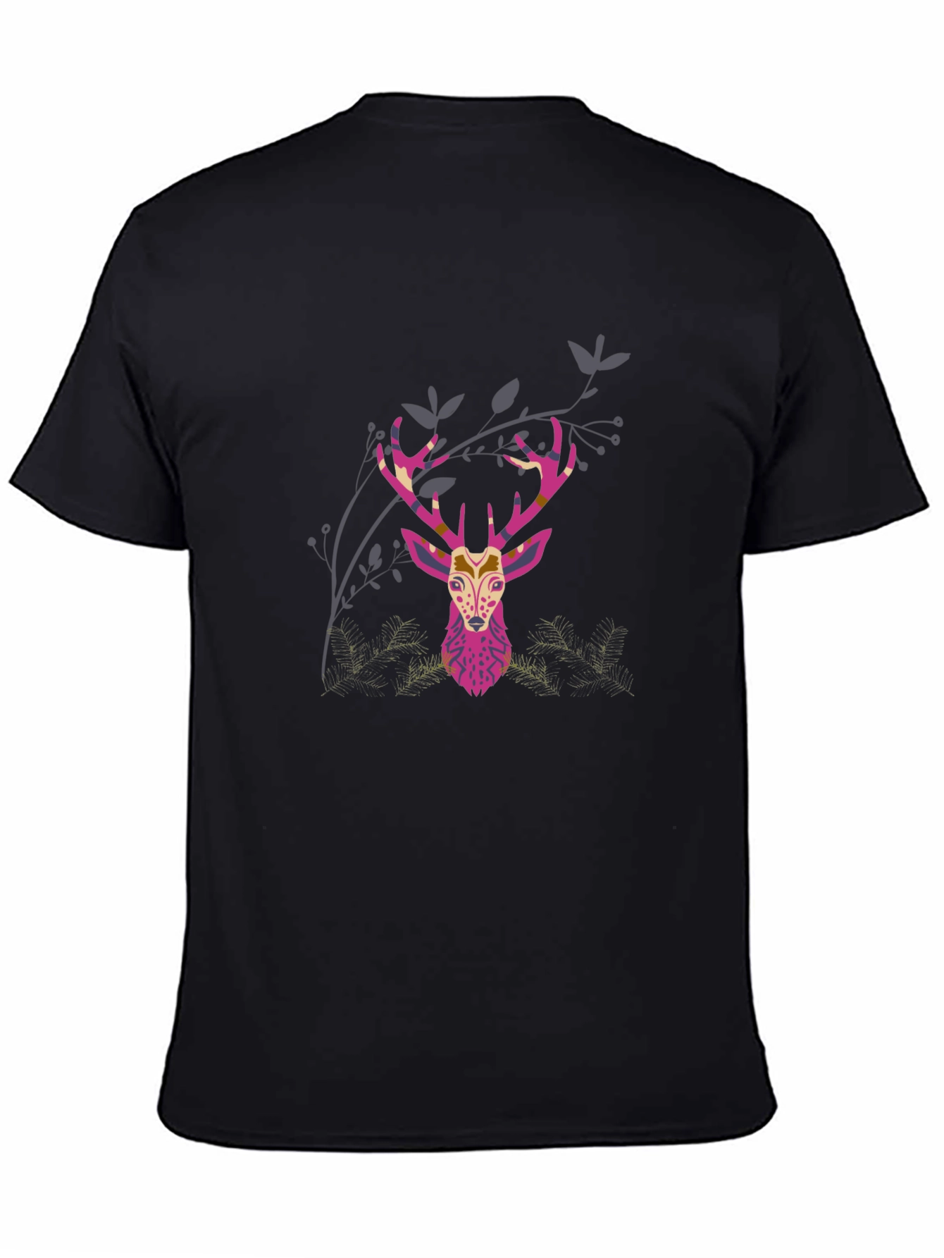 Geometric Deer Head Graphic Print Black T-Shirt