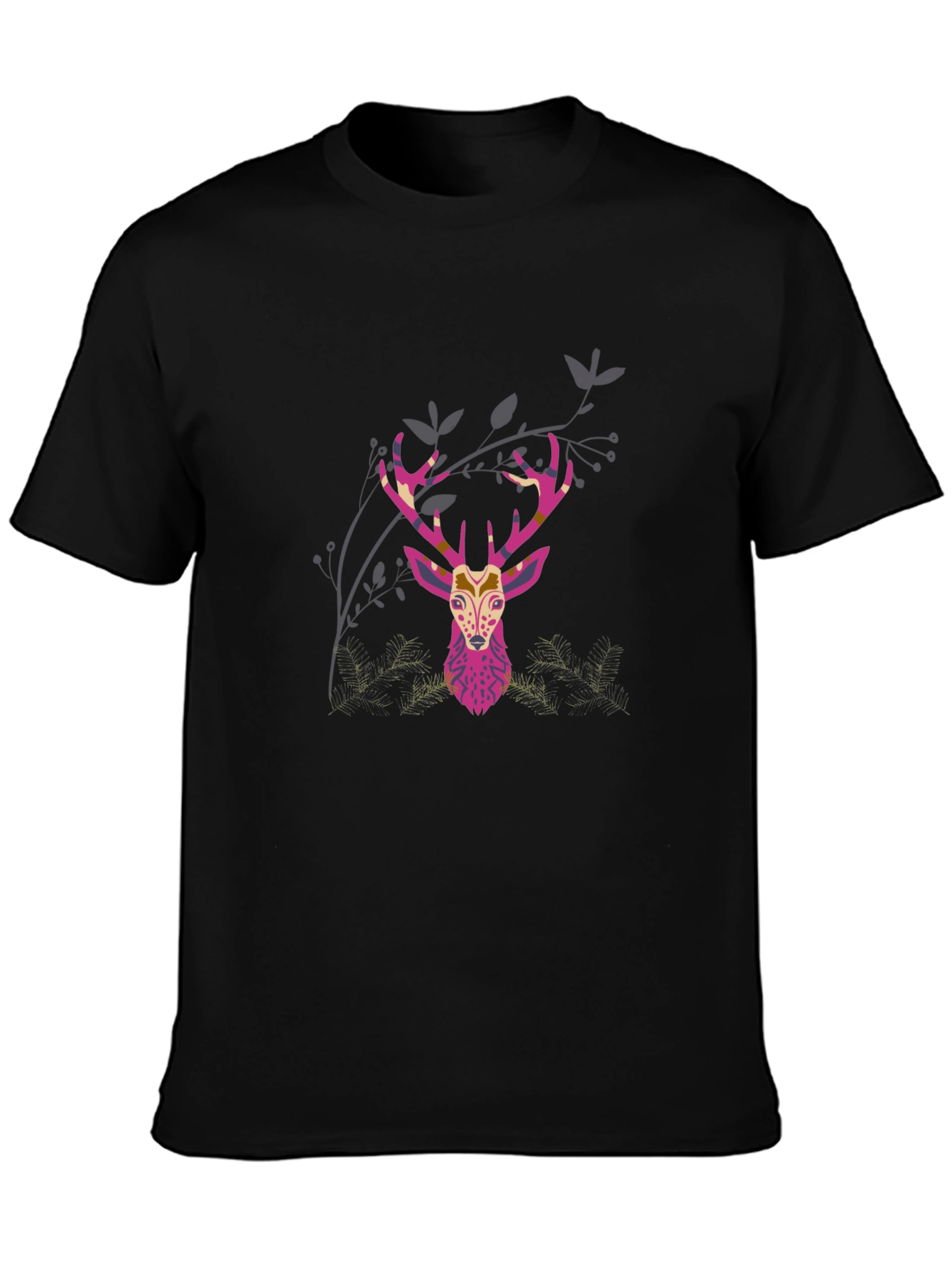 Geometric Deer Head Graphic Print Black T-Shirt