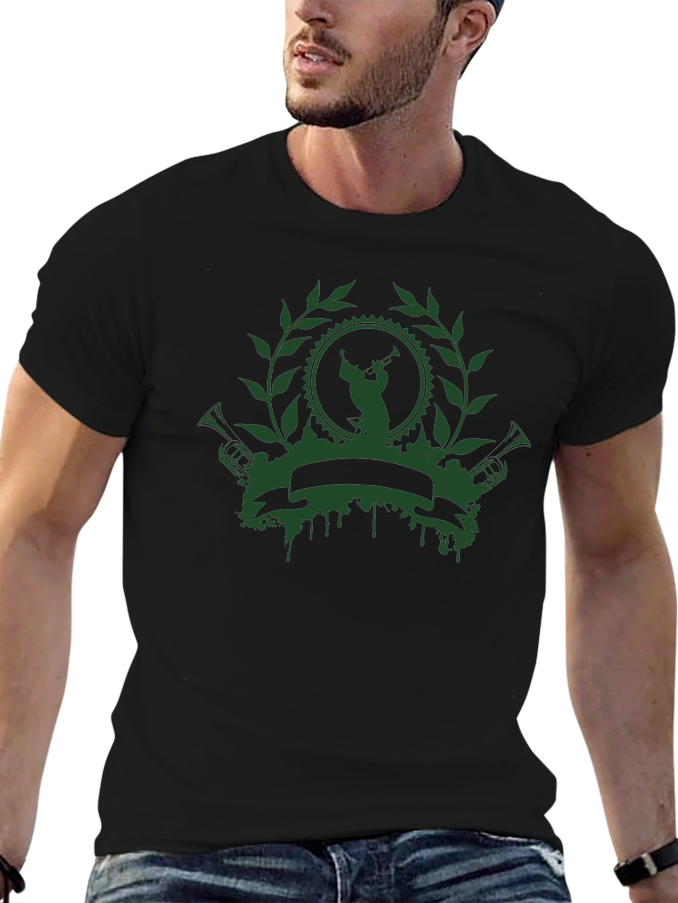 Green Musician Crest Black T-Shirt