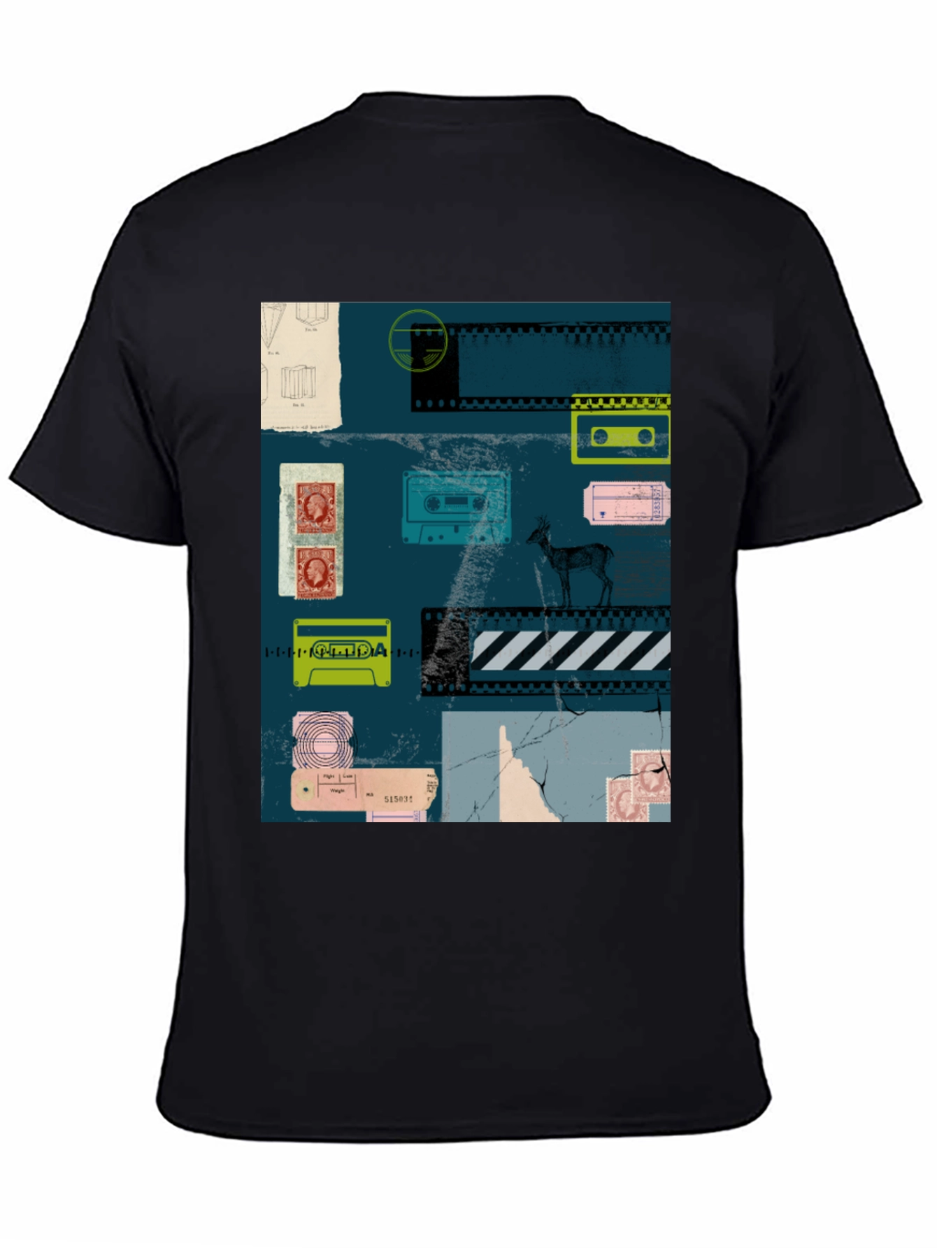 Retro Cassette Tape Deer Graphic Tee - Black