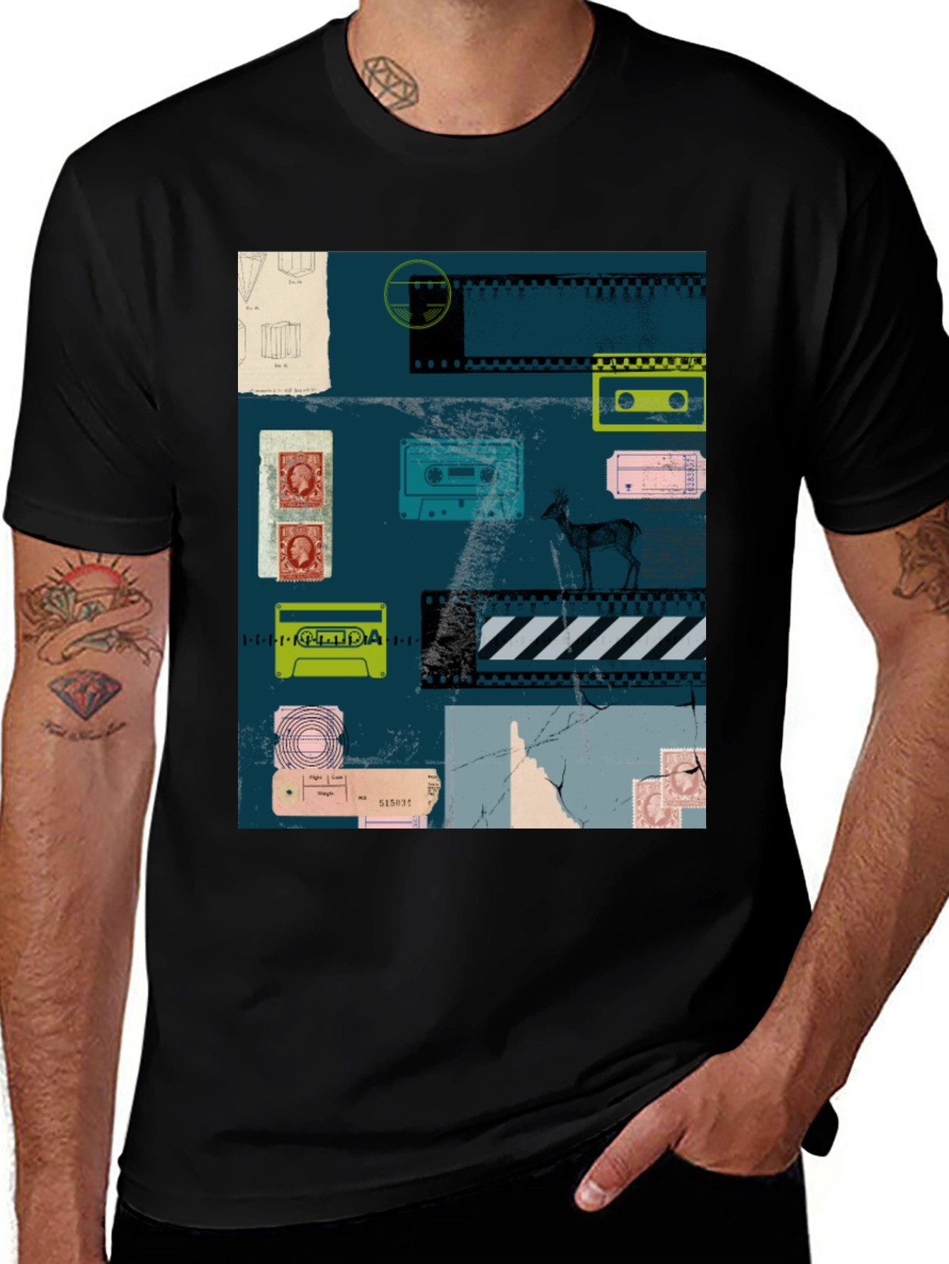 Retro Cassette Tape Deer Graphic Tee - Black