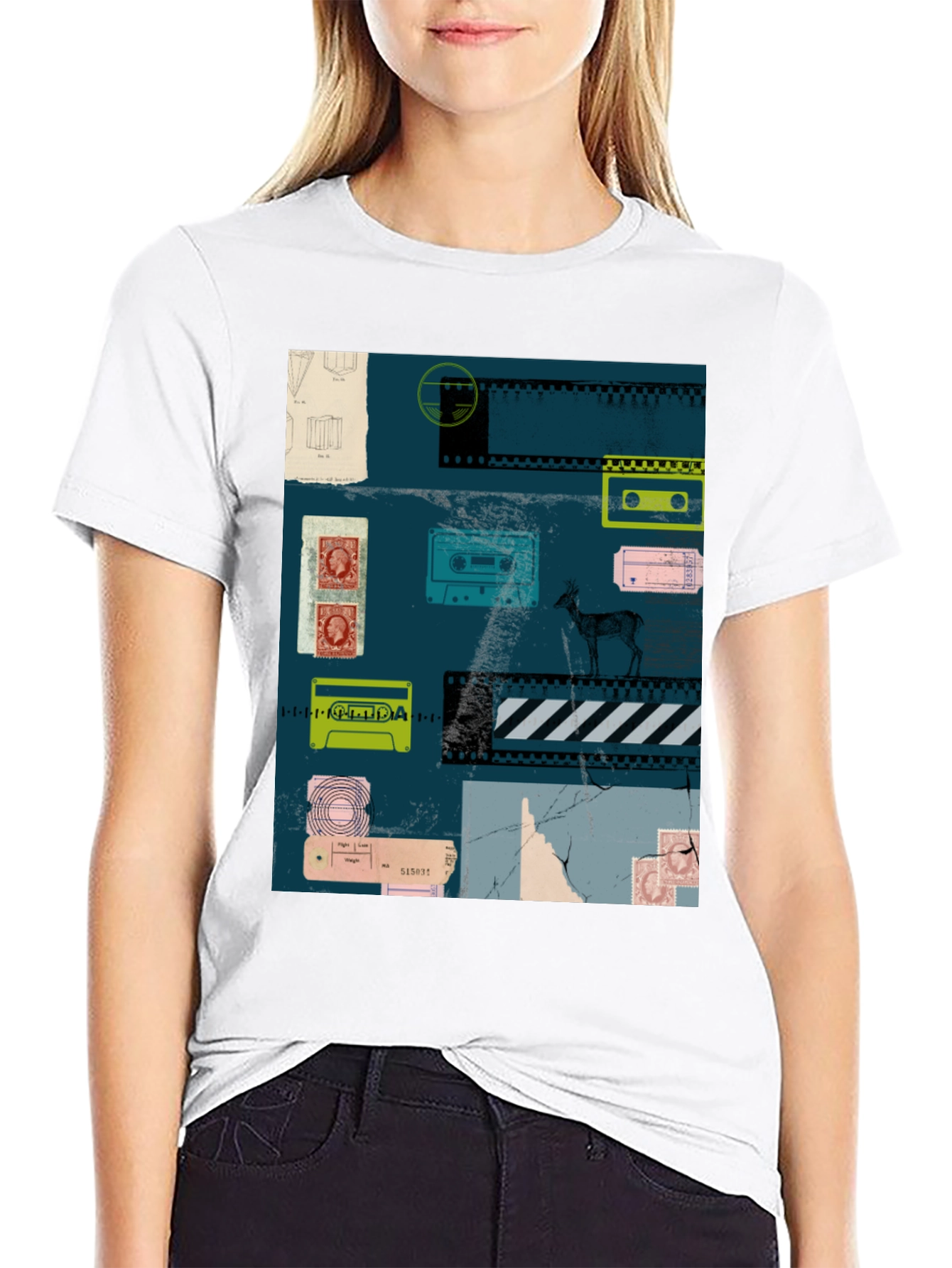 Retro Cassette Tape Deer Graphic Tee - Black
