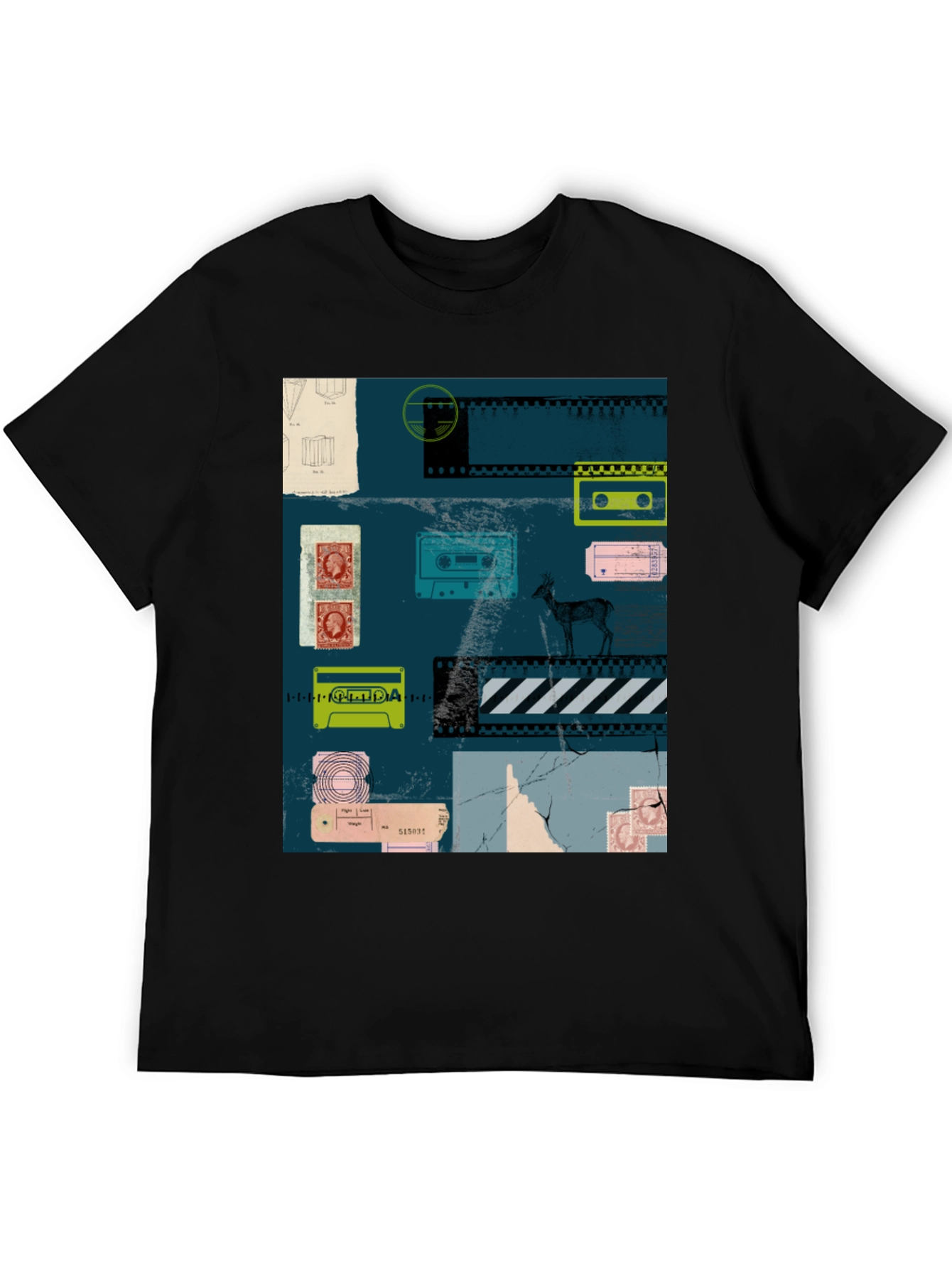 Retro Cassette Tape Deer Graphic Tee - Black