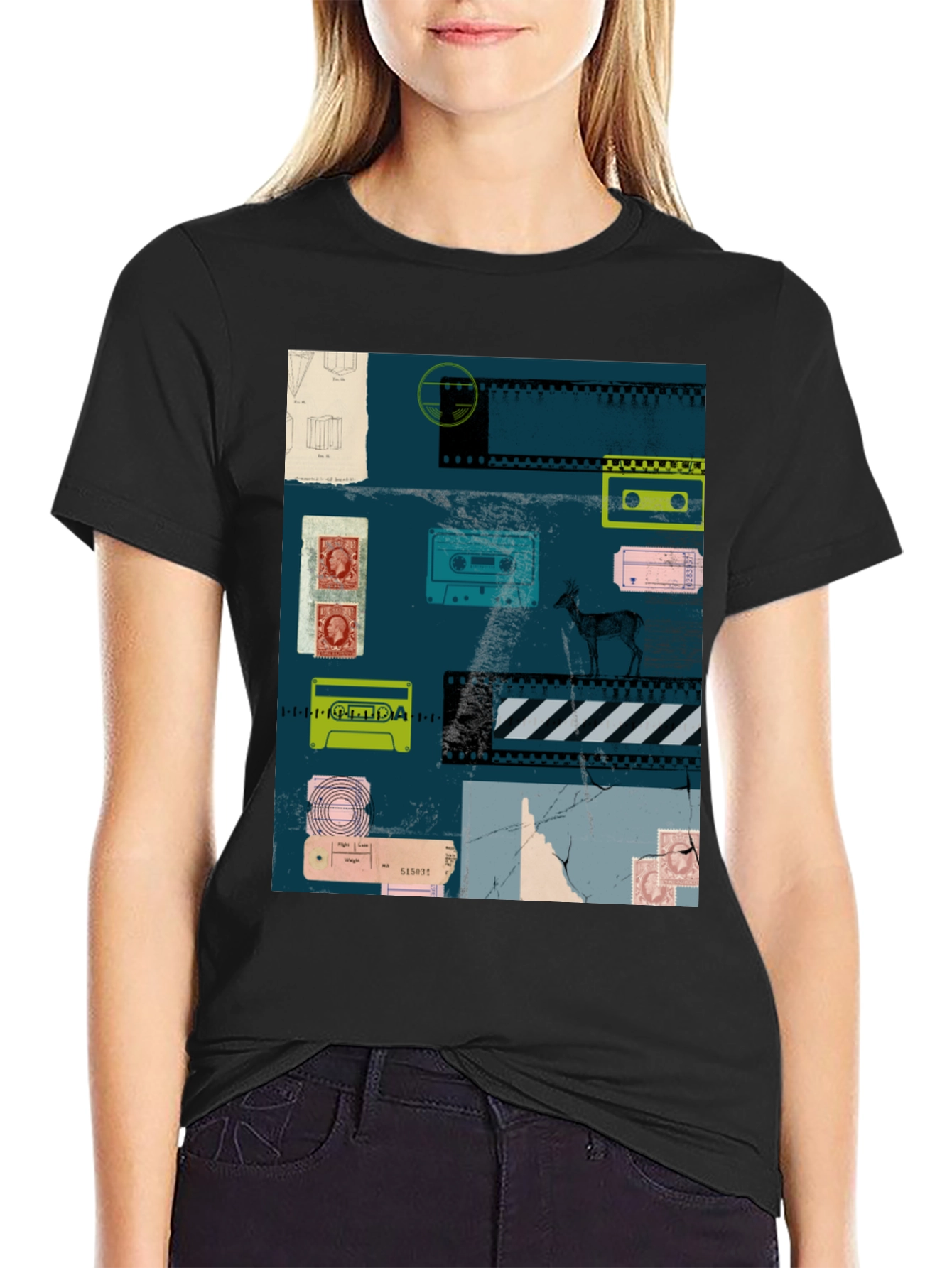 Retro Cassette Tape Deer Graphic Tee - Black
