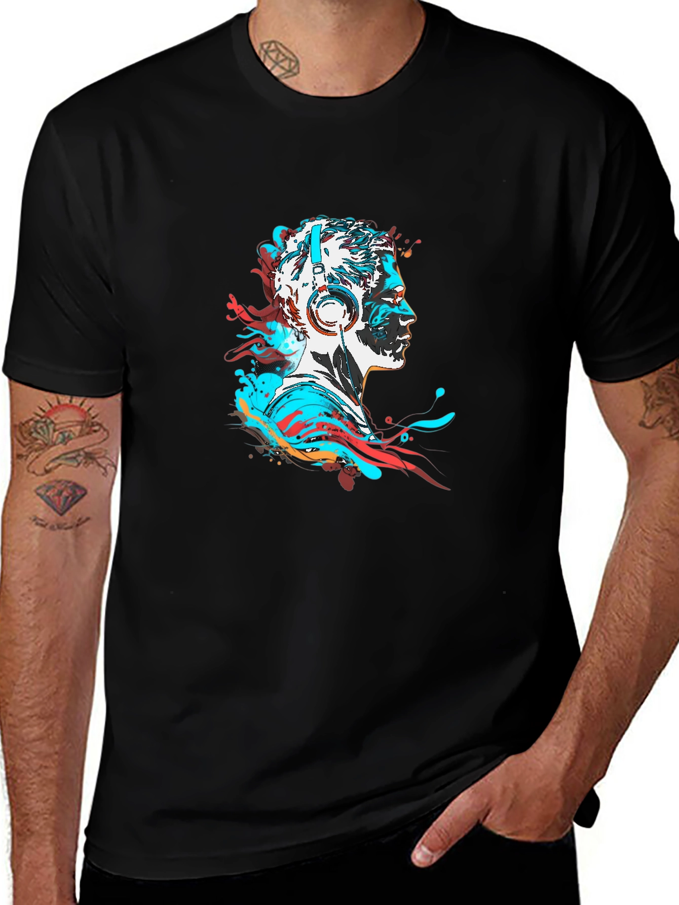 Abstract Man with Headphones Black T-Shirt
