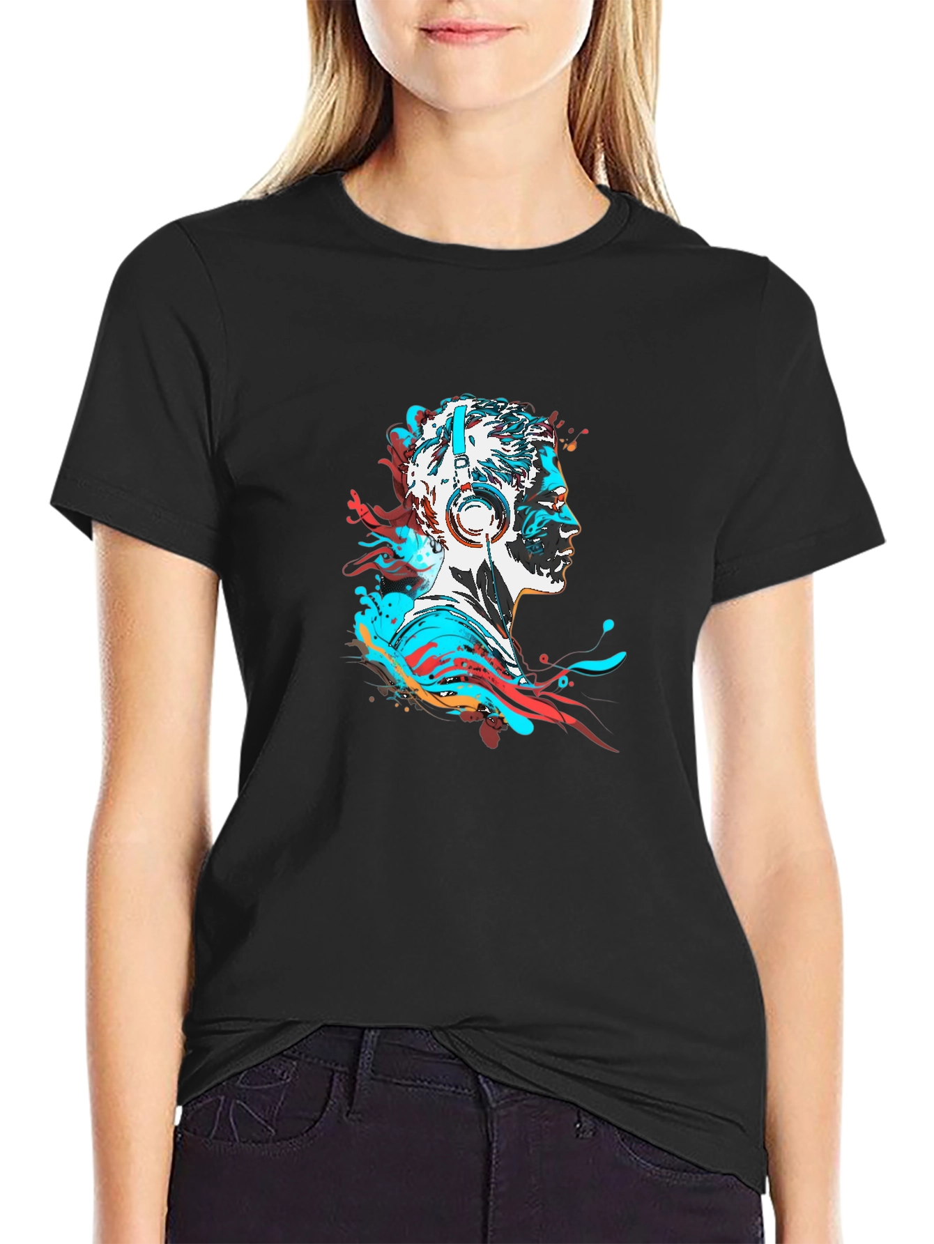 Abstract Man with Headphones Black T-Shirt